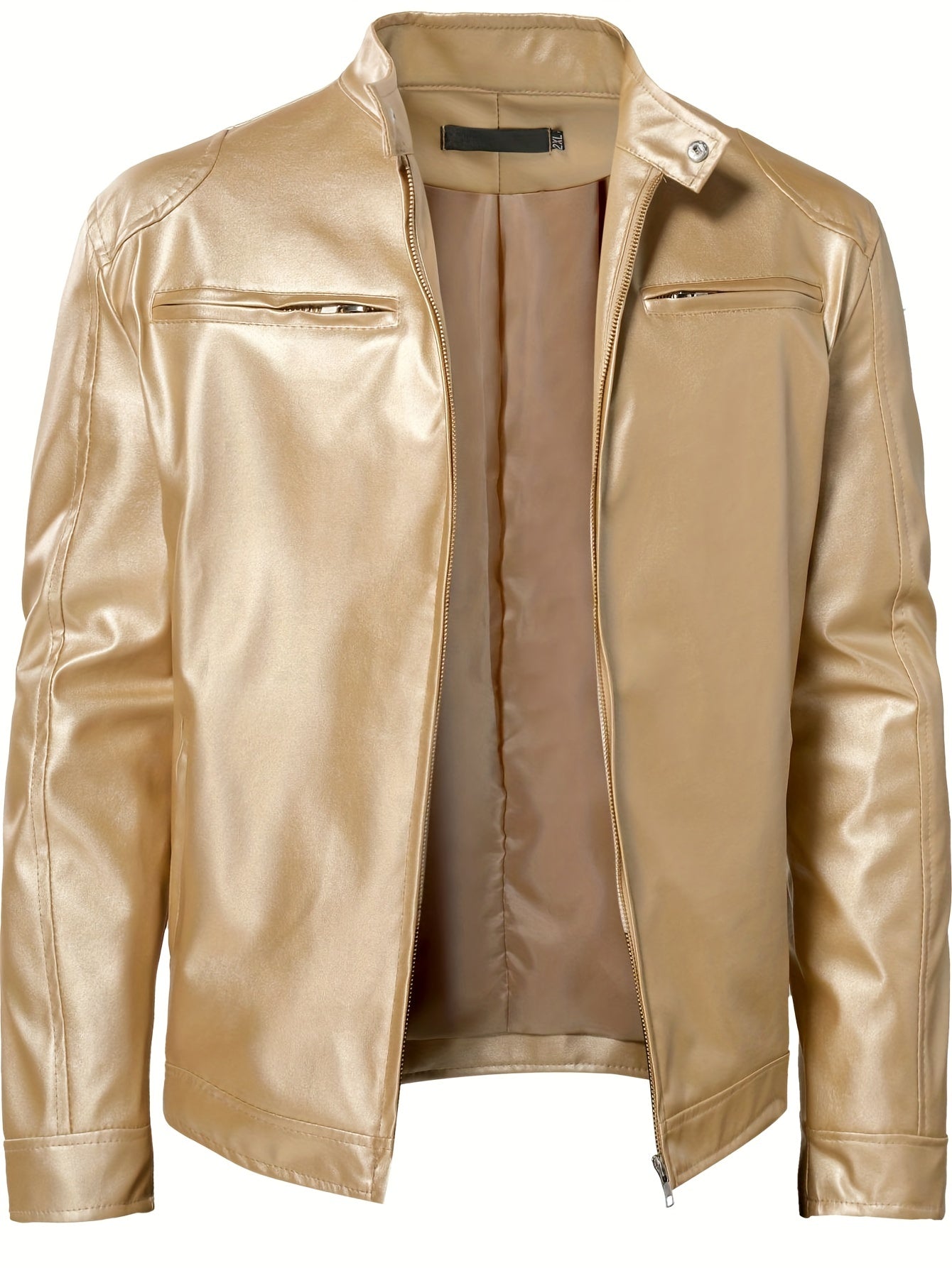 gbolsos Zipper Pockets PU Jacket, Men's Casual Solid Color Zip Up Stand Collar Faux Leather Jacket For Spring Fall