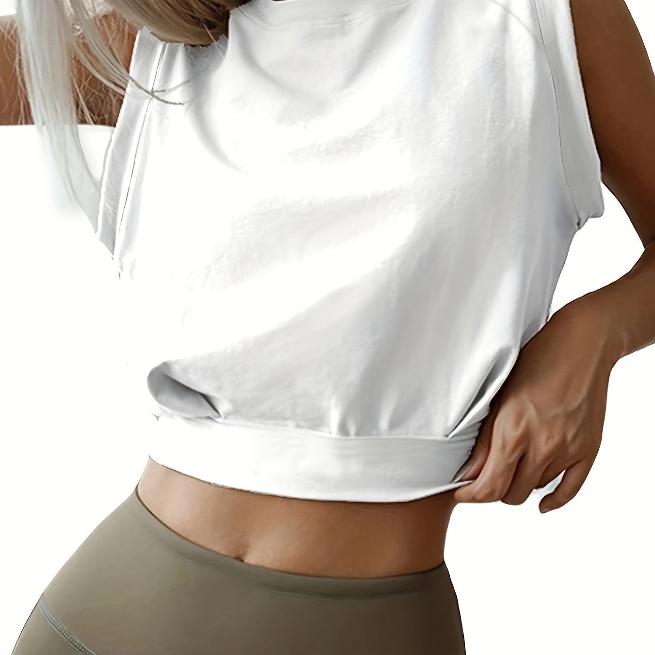 gbolsos Fashion Solid Casual Sports Crop Tank Top, Round Neck Tank Top, Women's Athleisure