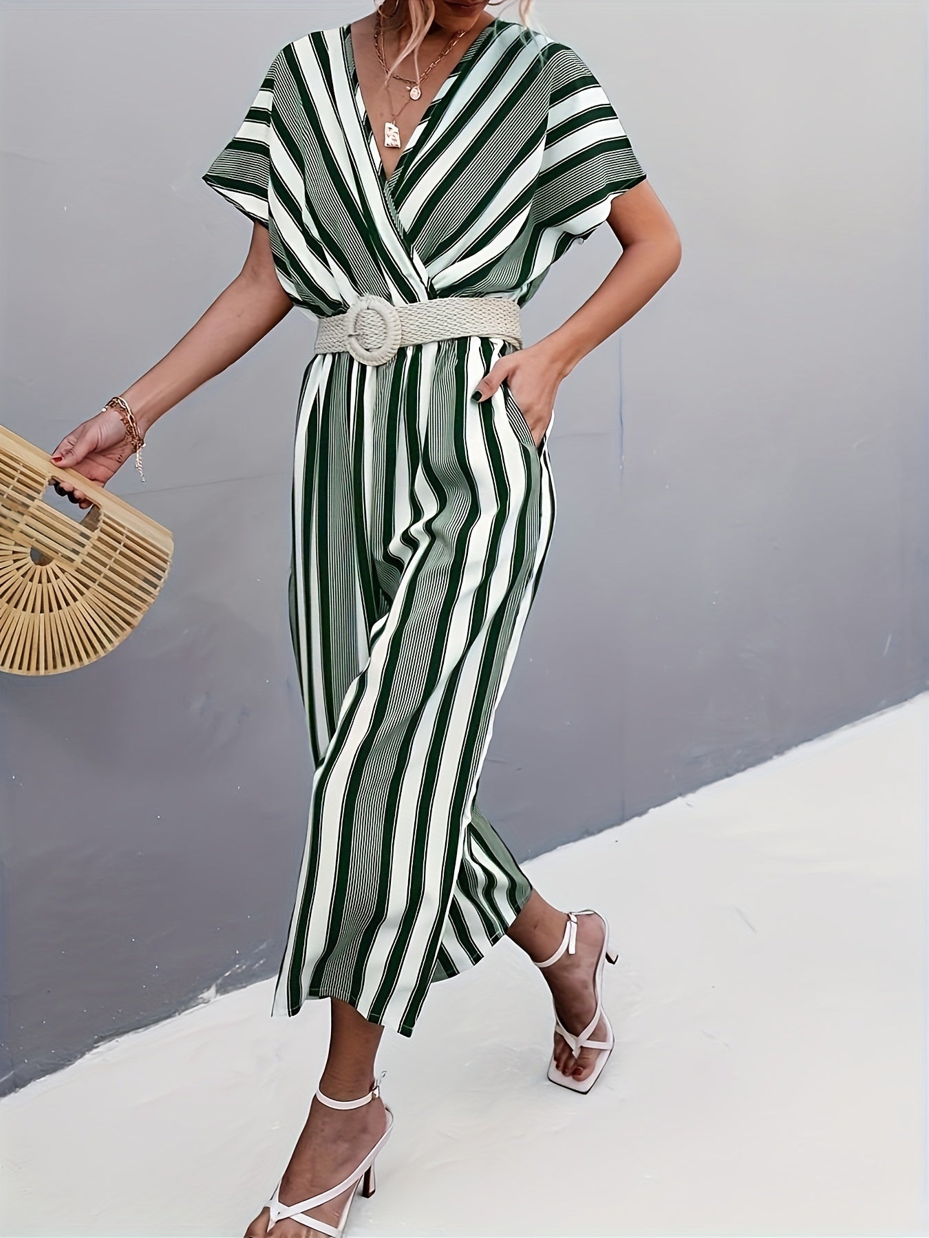 gbolsos Striped Surplice Neck Belted Jumpsuit, Casual Batwing Sleeve Jumpsuit For Spring & Summer, Women's Clothing