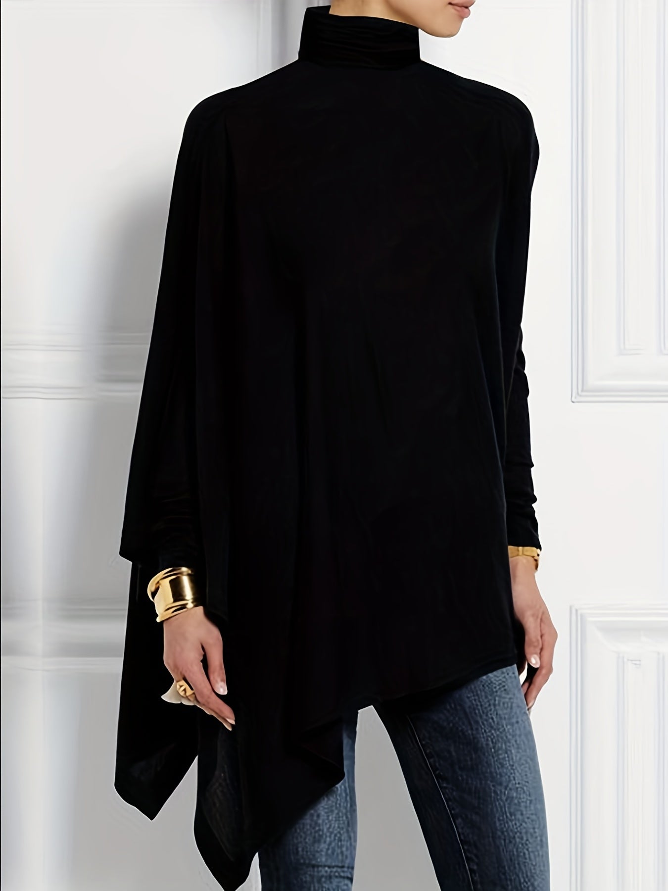 gbolsos Solid Turtleneck T-Shirt, Casual Long Sleeve Top For Spring & Fall, Women's Clothing
