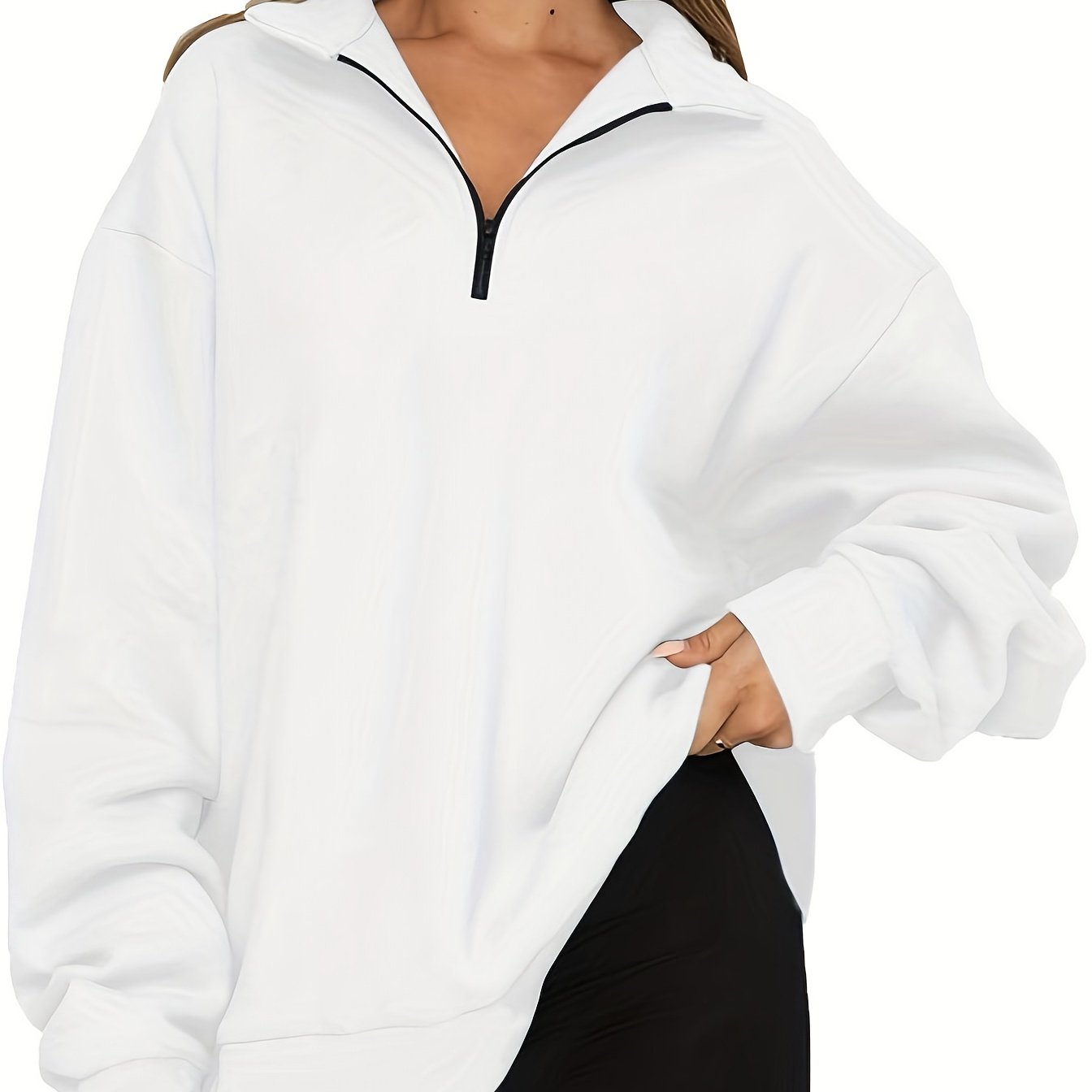 Quarter Zip Lapel Neck Sweatshirt, Casual Sporty Long Sleeve Sweatshirt For Fall & Winter, Women's Clothing