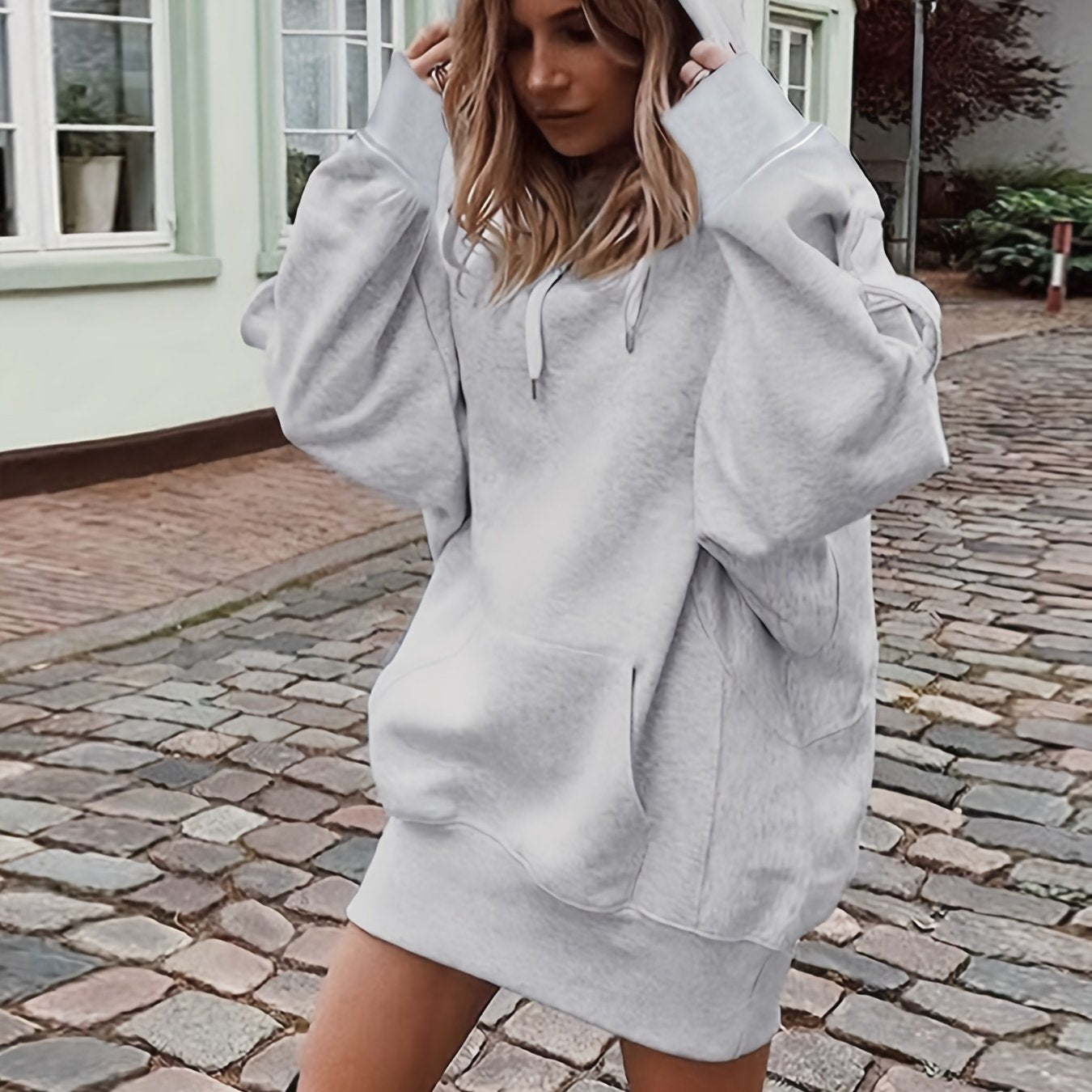 Solid Drawstring Hoodie, Casual Long Sleeve Drop Shoulder Hoodie, Women's Clothing