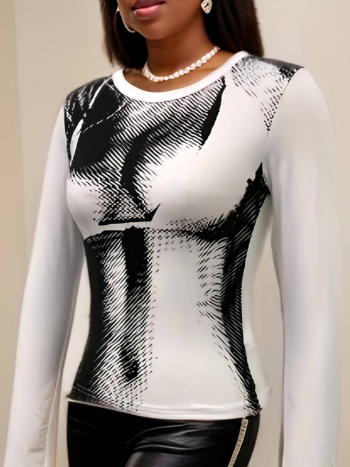kkboxly Cyber Punk Body Print Crew Neck T-shirt, Y2K Long Sleeve T-shirt For Spring & Fall, Women's Clothing