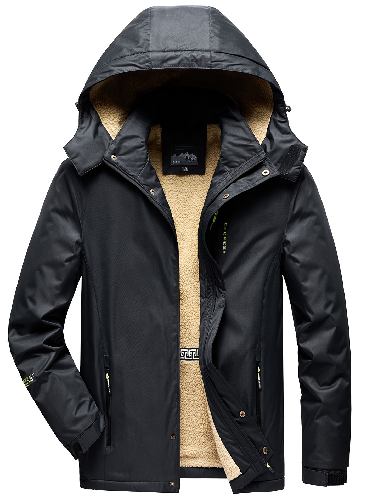 gbolsos Men's Trendy Fleece Hooded Jacket, Active Stand Collar Zip Up Hooded Coat For Fall Winter Outdoor