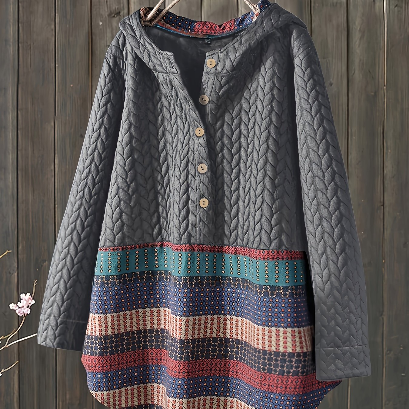 gbolsos Tribal Print Long Sleeve Hooded Padded Jacket, Casual Button Front Loose Hem Outerwear, Women's Clothing