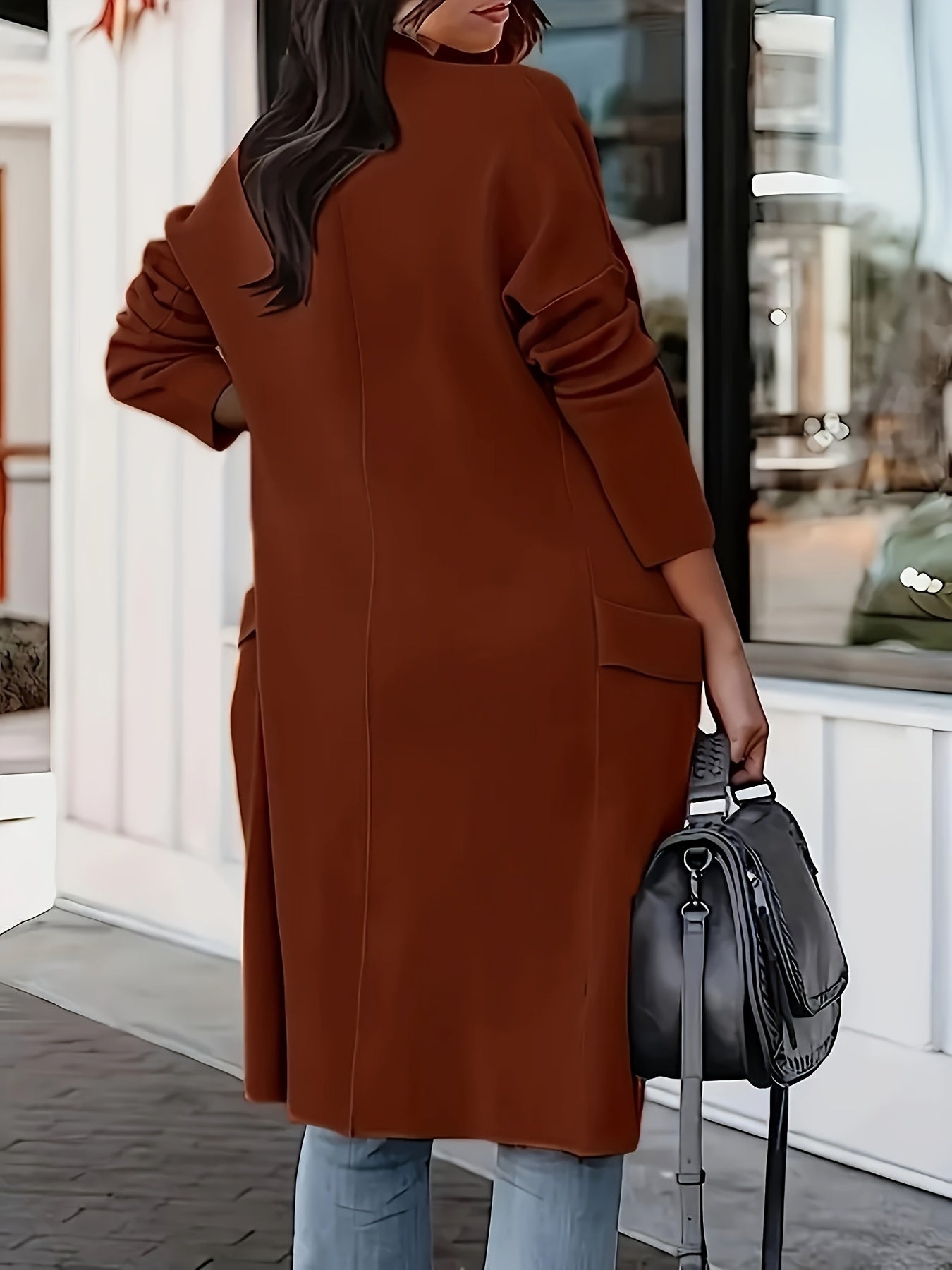 Plus Size Elegant Coat, Women's Plus Solid Long Sleeve Open Front Lapel Collar Longline Cardigan Coat With Pockets