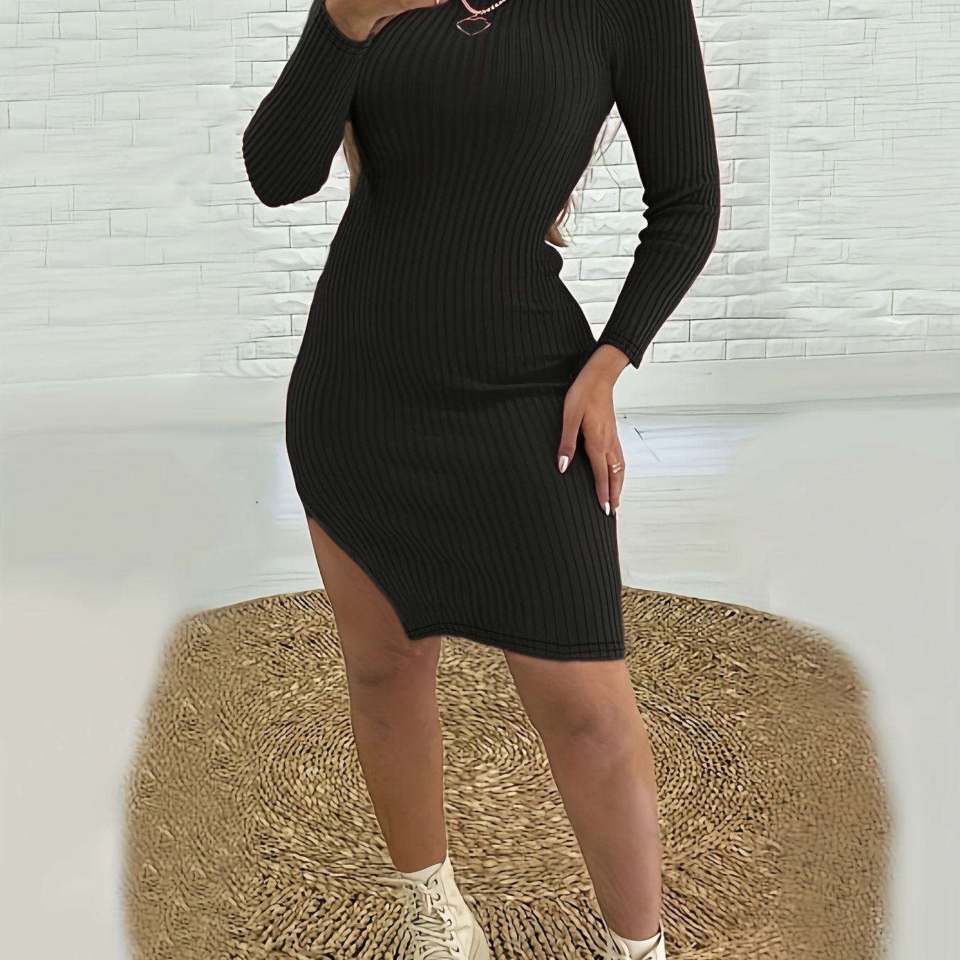 gbolsos Ribbed Split Solid Dress, Casual Mock Neck Long Sleeve Dress, Women's Clothing