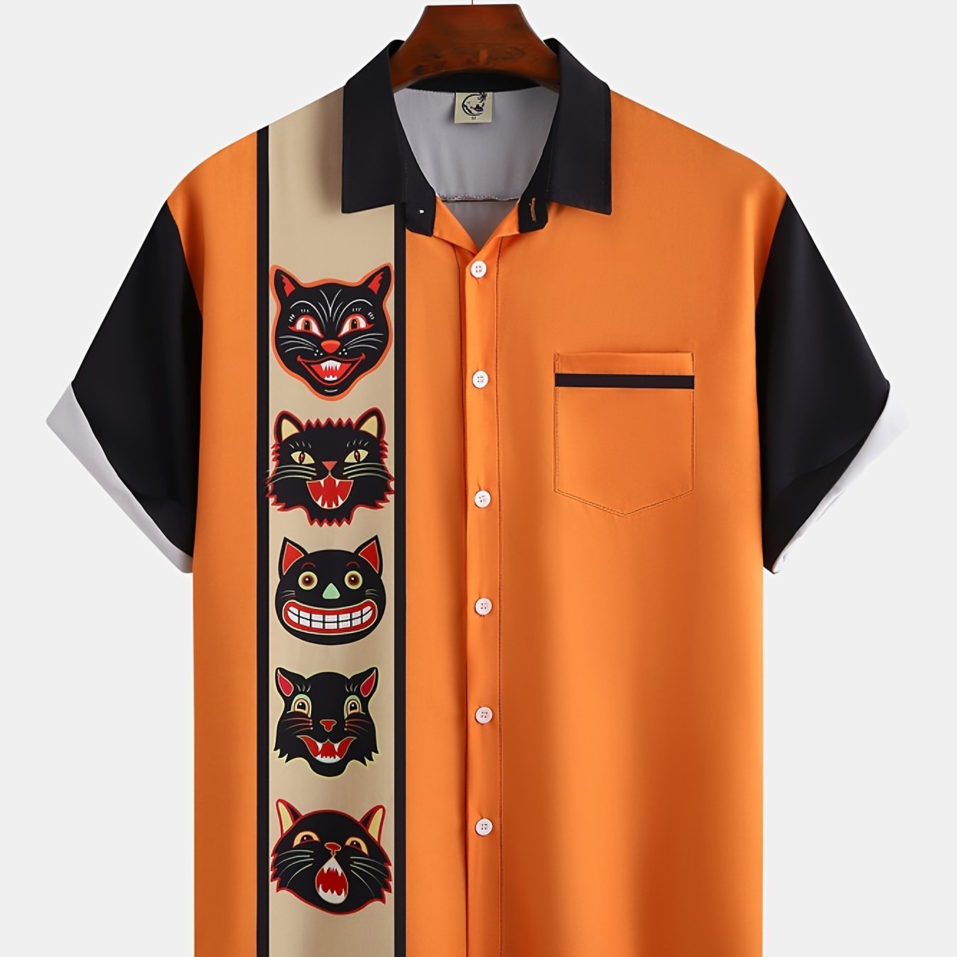 gbolsos Halloween Cat Print Men's Casual Short Sleeve Shirt, Men's Shirt For Summer Vacation Resort, Tops For Men, Gift For Men