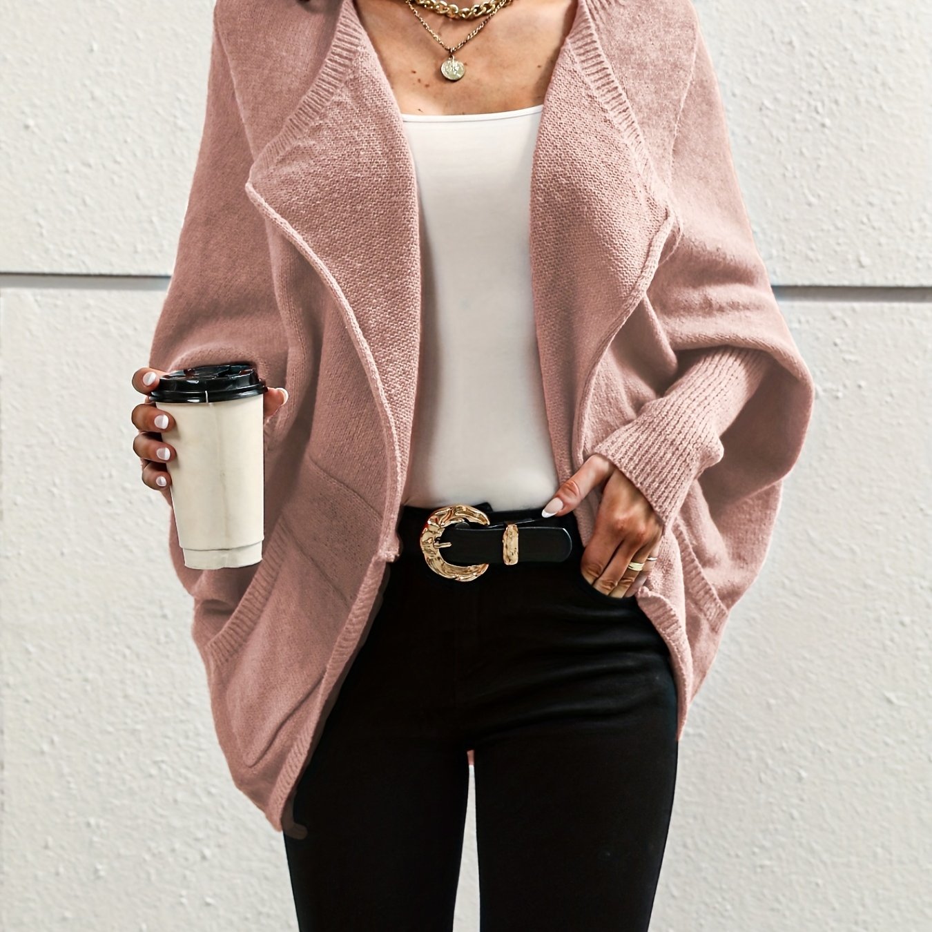 gbolsos Solid Pocket Knitted Cardigan, Casual Batwing Sleeve Knit Outwear For Fall & Winter, Women's Clothing