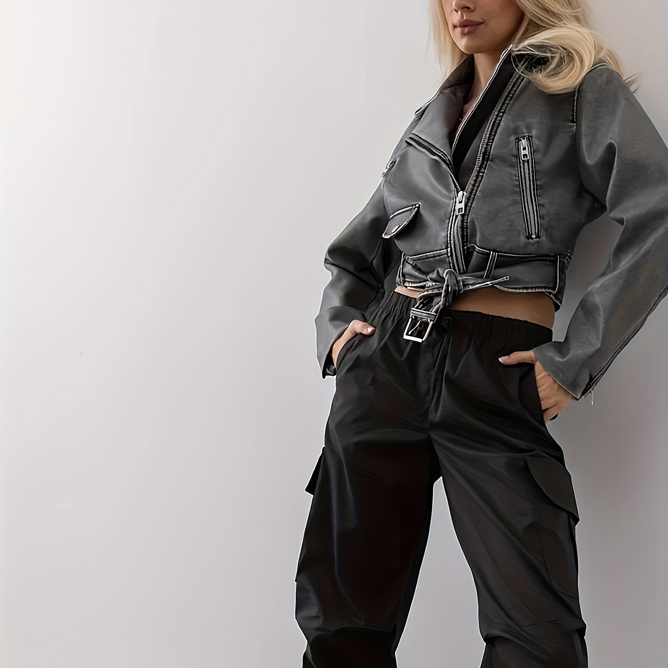 gbolsos Cropped Faux Leather Biker Jacket, Vintage Slant Pockets Belt Decor Jacket, Women's Clothing