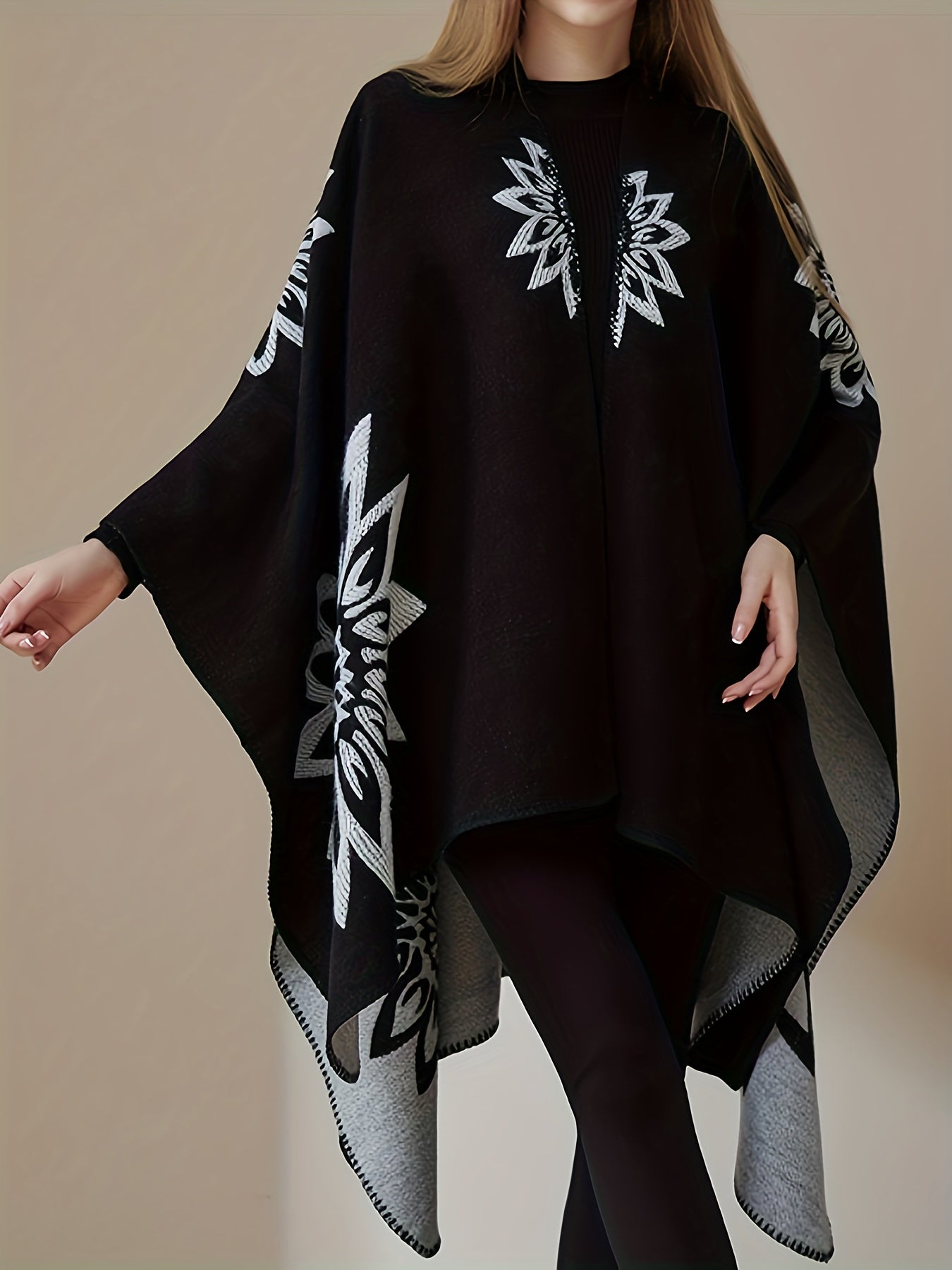 Plus Size Elegant Coat, Women's Plus Mandala Print Double-sided Open Front Waterfall Collar Batwing Sleeve Shawl Cape Coat