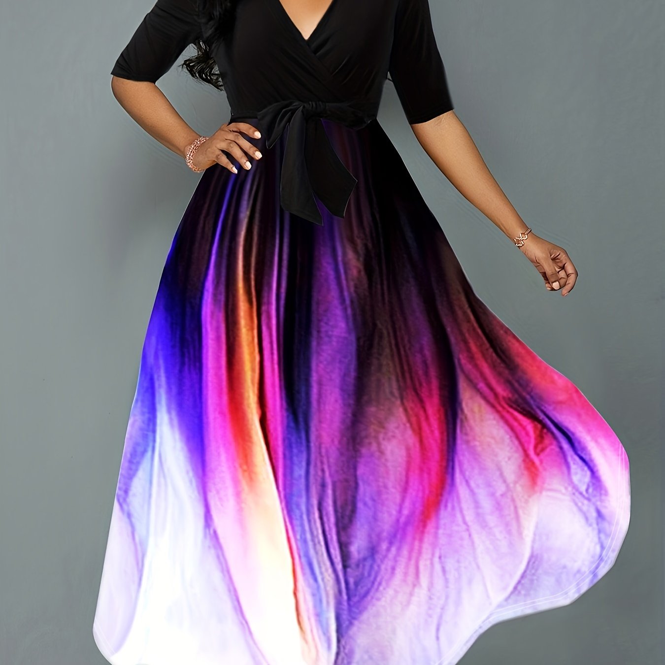 gbolsos Graphic Print Plunging Dress, Elegant Short Sleeve Maxi Dress, Women's Clothing