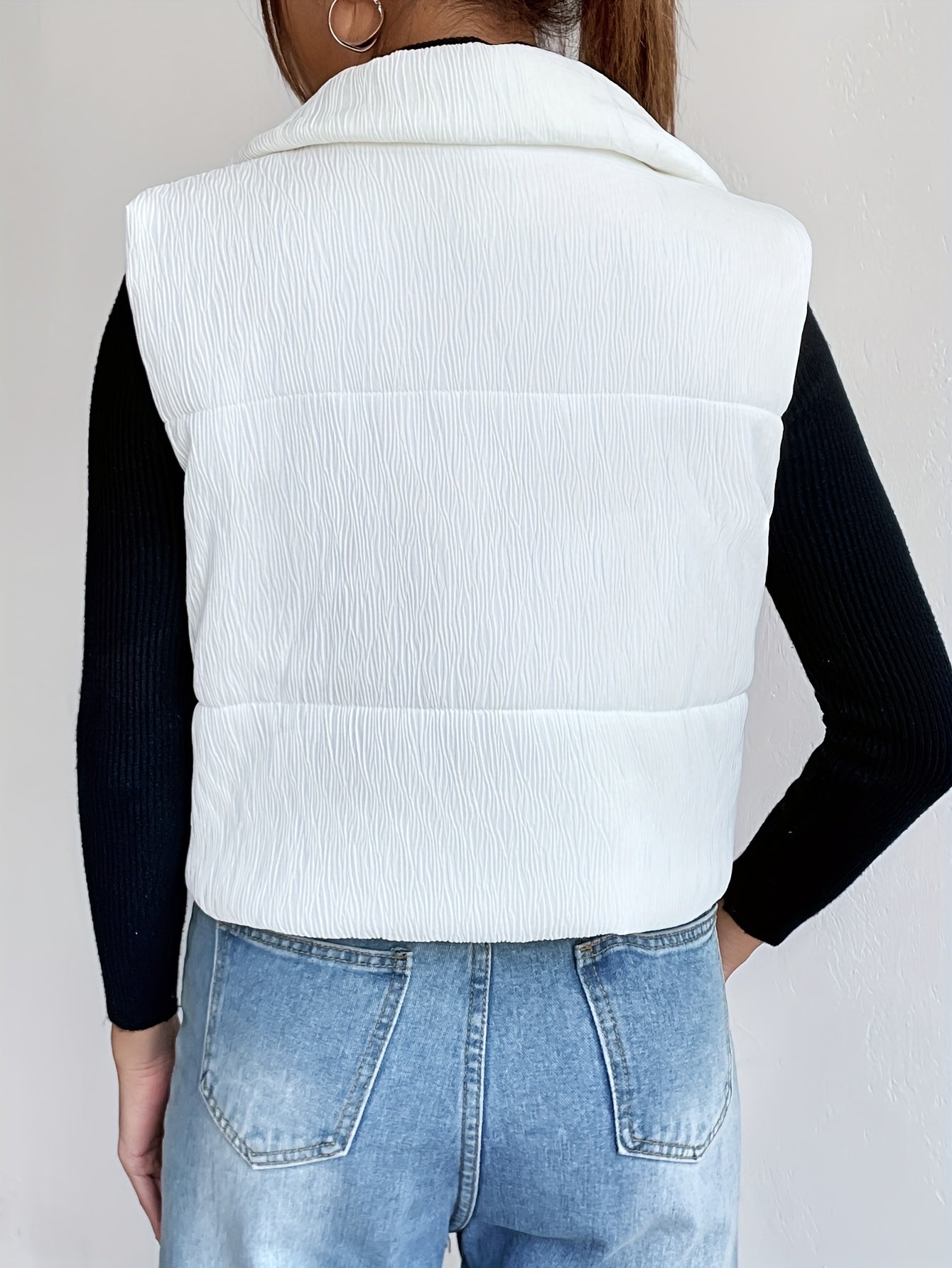 Texture Sleeveless Parka, Zip Up Solid Casual Outwear For Fall & Winter, Women's Clothing