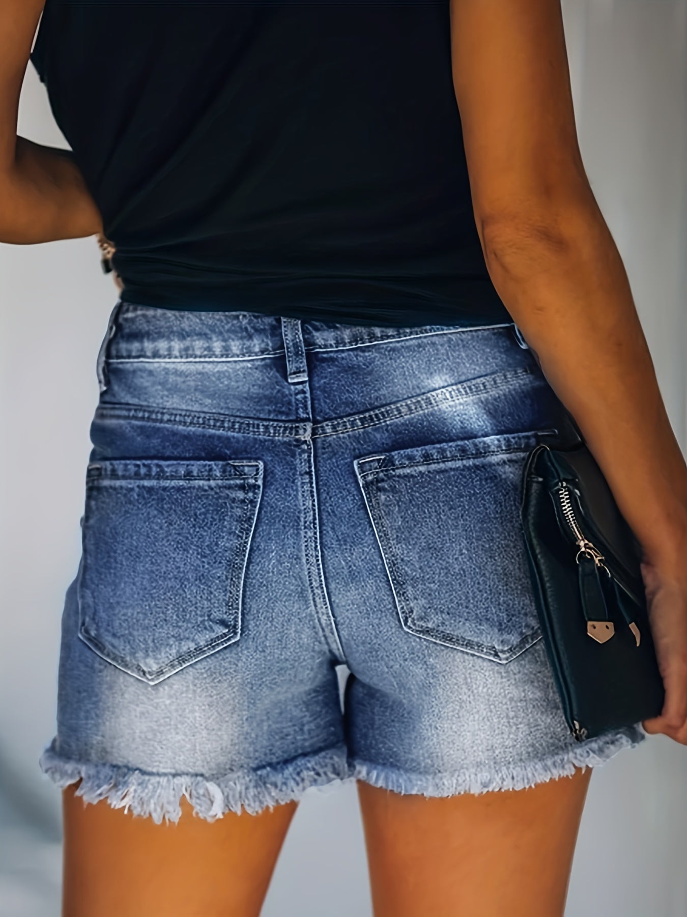 gbolsosBlue Frayed Hem Denim Shorts, Ripped Holes Slash Pockets Short Denim Pants, Women's Denim Jeans & Clothing