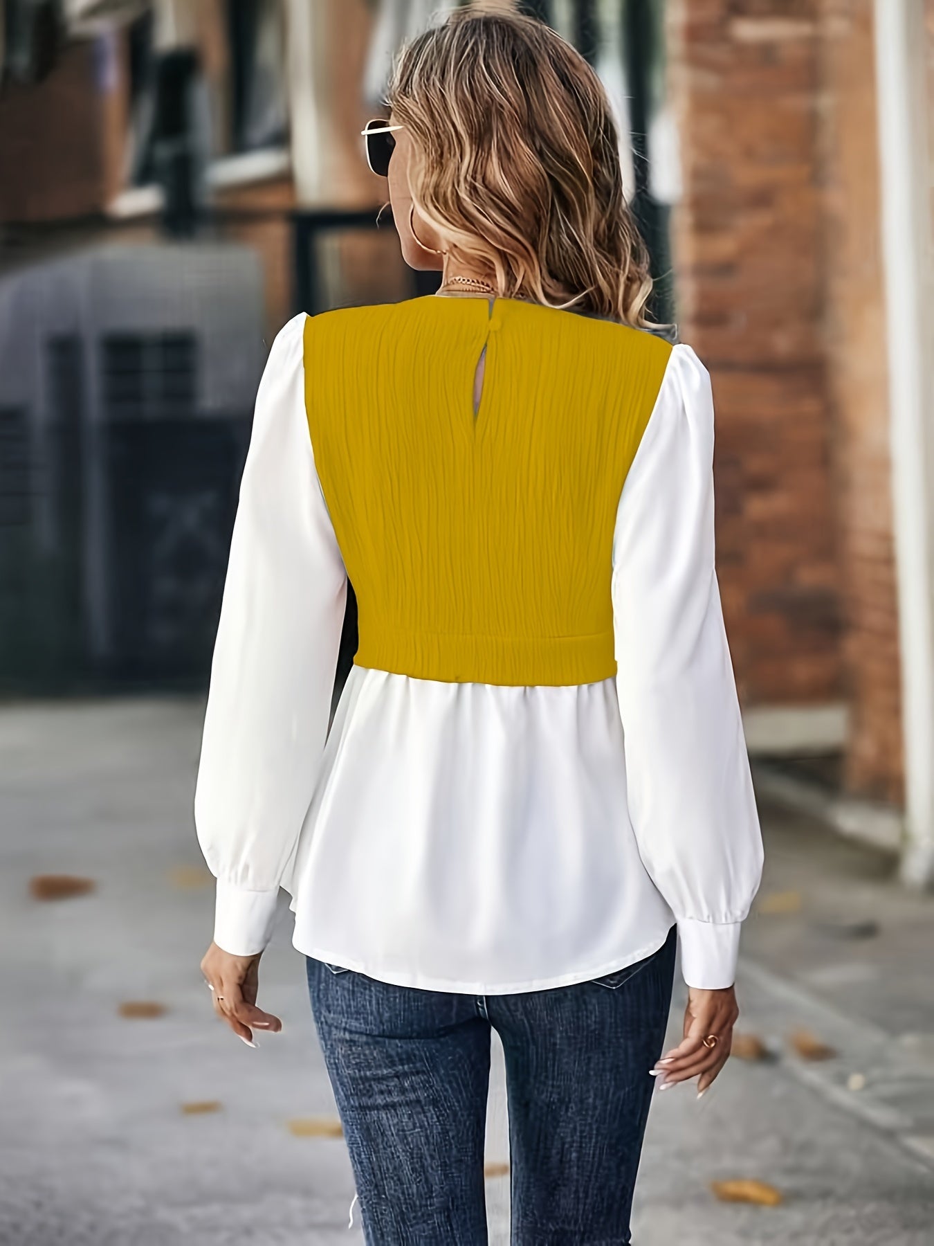 gbolsos Color Block Stitching Blouse, Elegant Crew Neck Long Sleeve Blouse, Women's Clothing