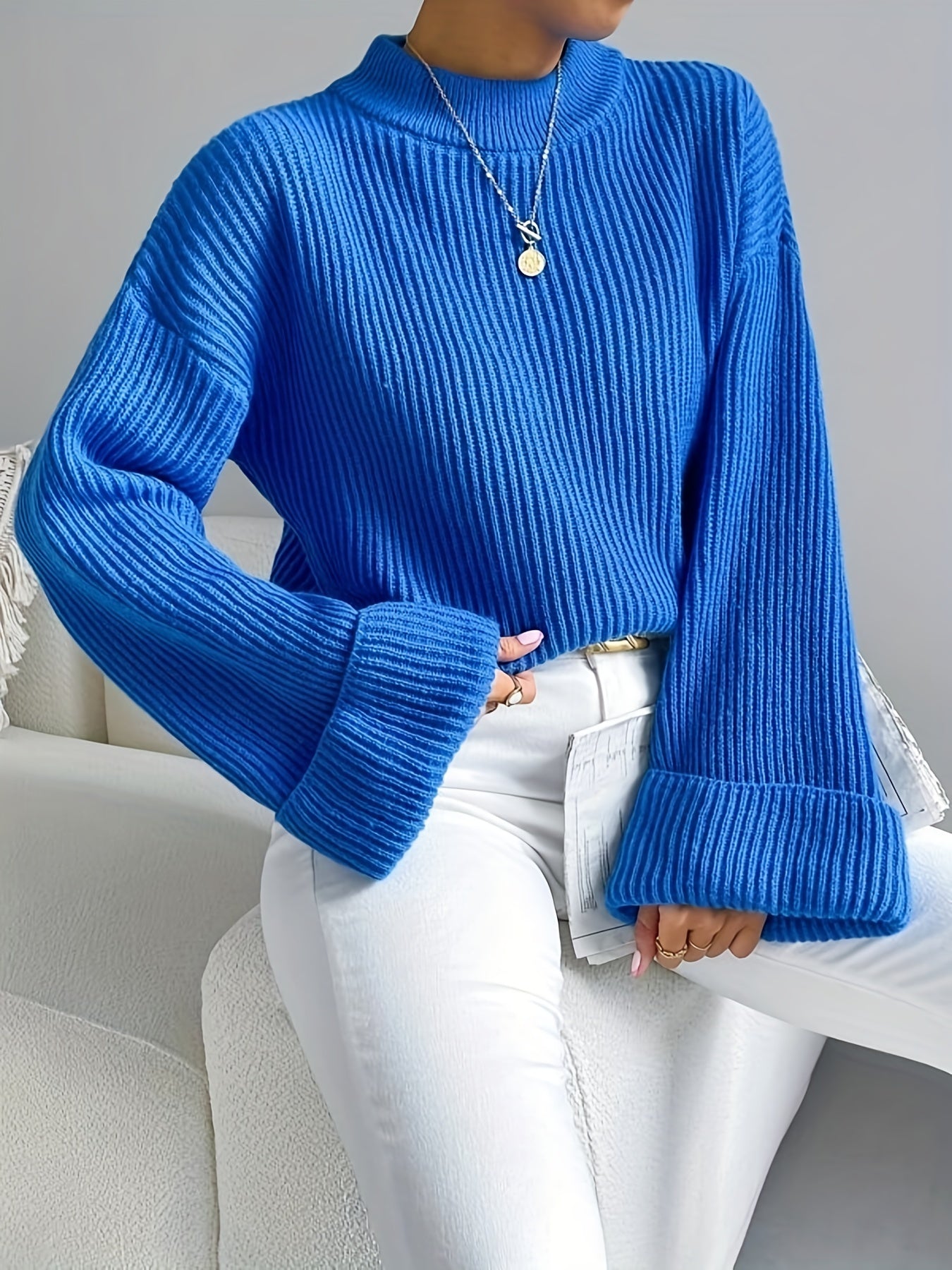 gbolsos Solid Mock Neck Pullover Sweater, Casual Long Sleeve Drop Shoulder Sweater For Fall & Winter, Women's Clothing