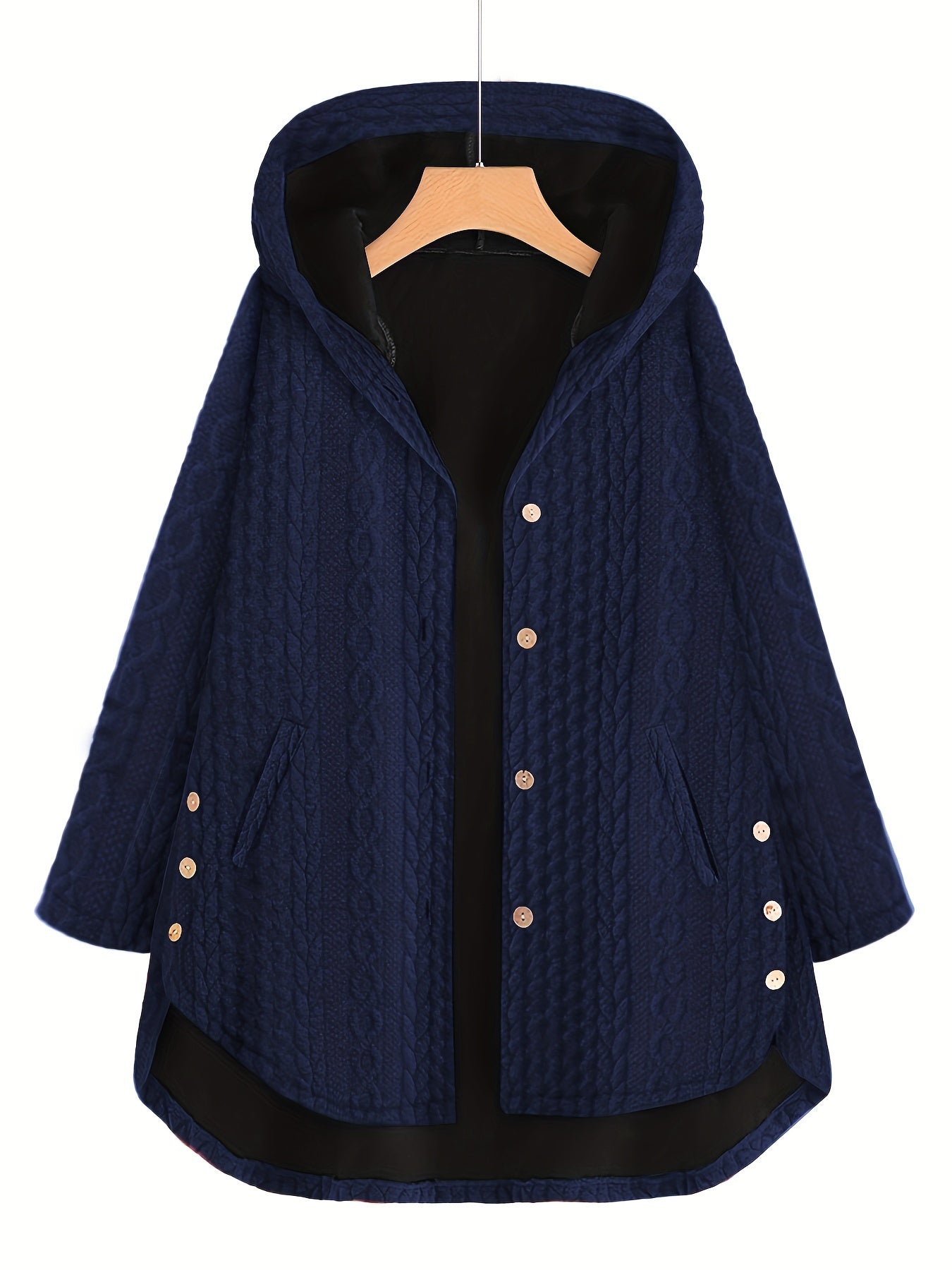 gbolsos Slant Pocket Hooded Coat, Casual Long Sleeve Button Thermal Coat, Women's Clothing