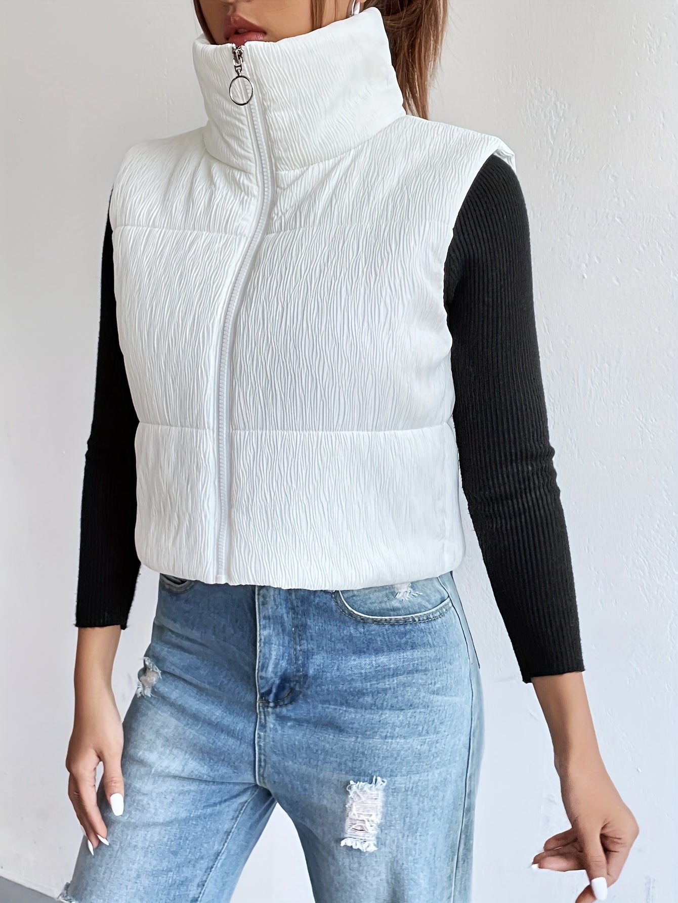 Texture Sleeveless Parka, Zip Up Solid Casual Outwear For Fall & Winter, Women's Clothing