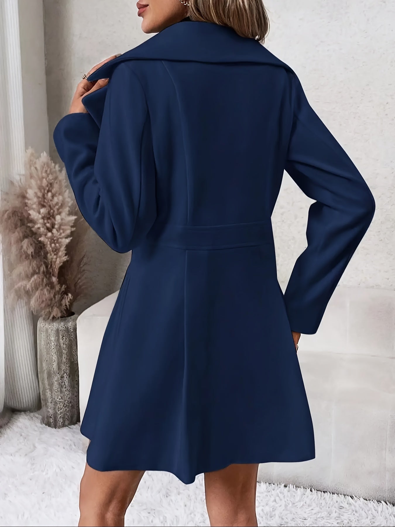 Double-breasted Flare Trench Coat, Elegant Solid Long Sleeve Lapel Coat For Fall & Winter, Women's Clothing