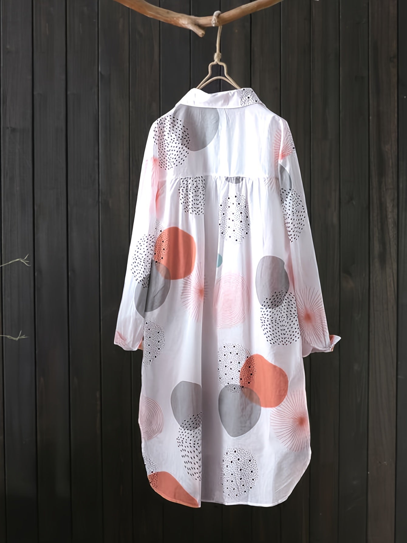 gbolsos Allover Print Button Front Blouse, Casual Long Sleeve Thigh Length Blouse For Spring & Fall, Women's Clothing