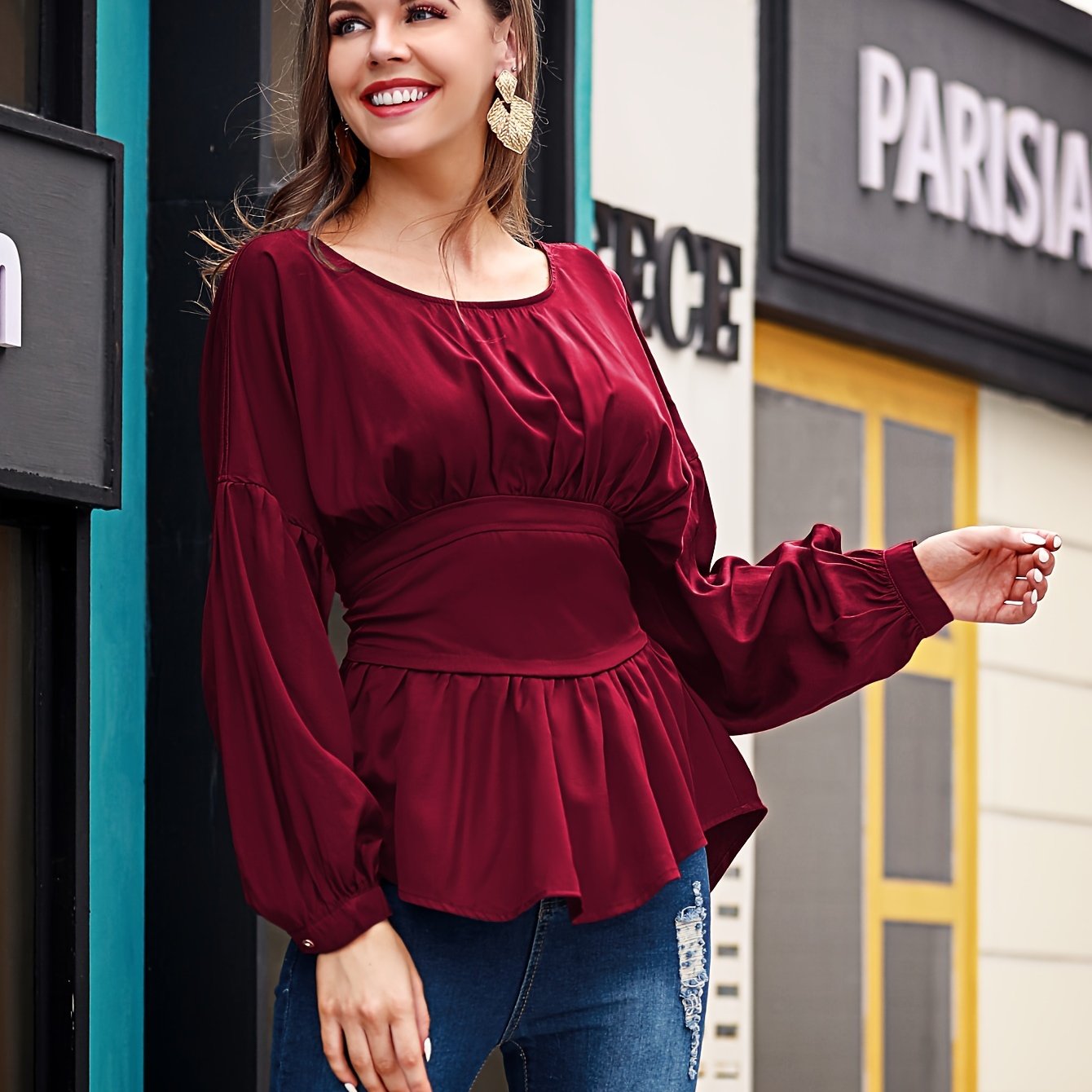 gbolsos Solid Cinched Waist Smocked Blouse, Versatile Lantern Sleeve Blouse For Spring & Fall, Women's Clothing