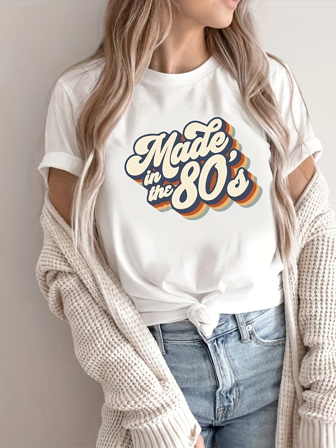 gbolsos "Made In The 203.2cms" Letter Print T-shirts, Crew Neck Short Sleeve Summer Sports Top, Women's Clothing