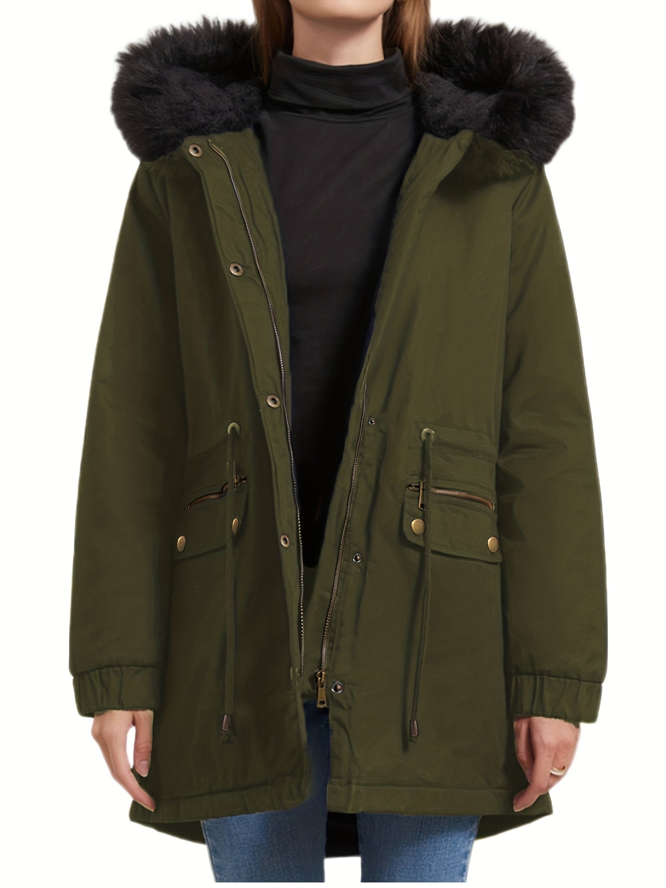 gbolsos Fluffy Trim Zip Up Jacket, Casual Long Sleeve Drawstring Winter Warm Outerwear, Women's Clothing
