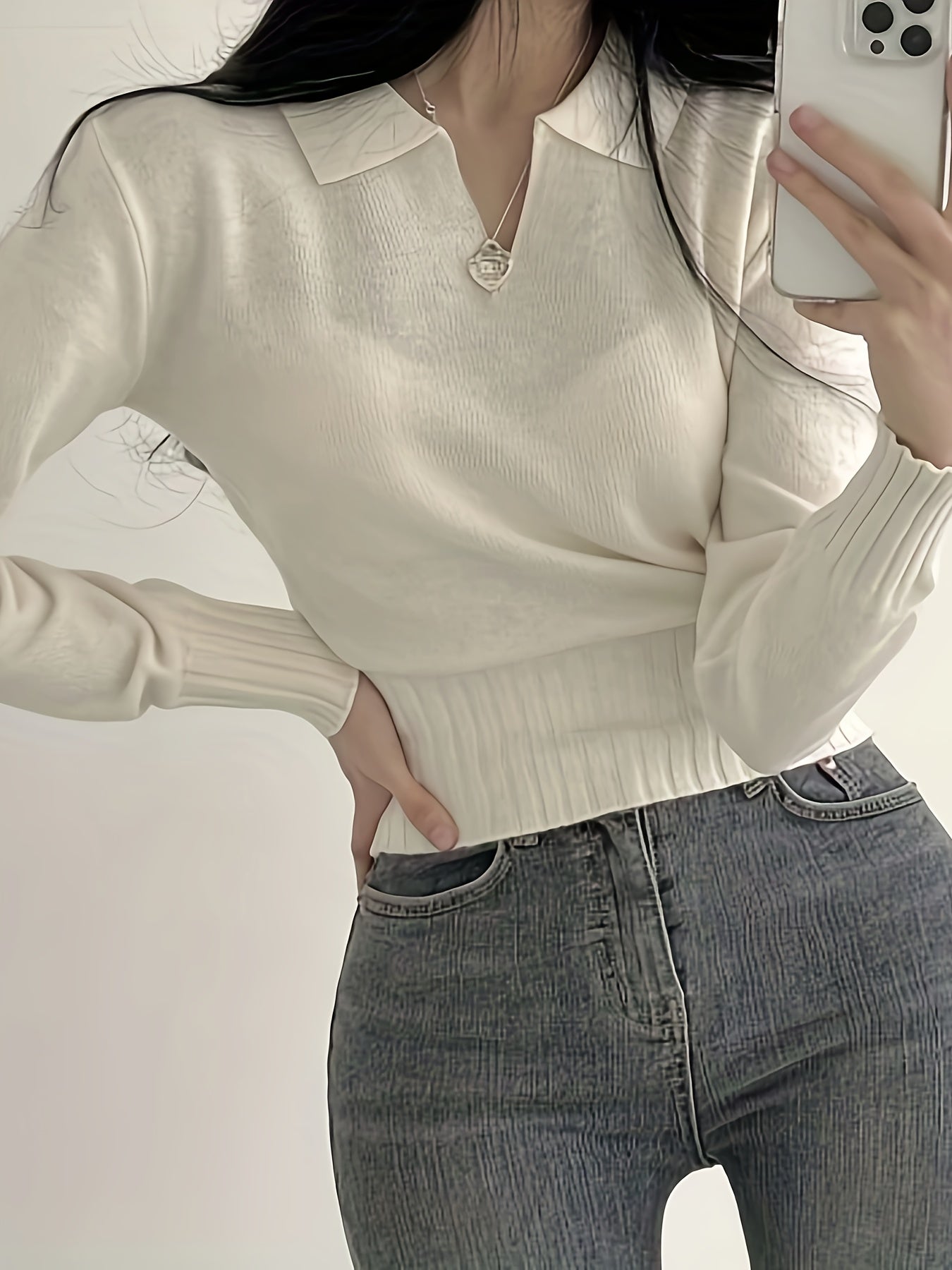 gbolsos Solid Notched Collar Pullover Sweater, Casual Long Sleeve Crop Sweater For Spring & Fall, Women's Clothing