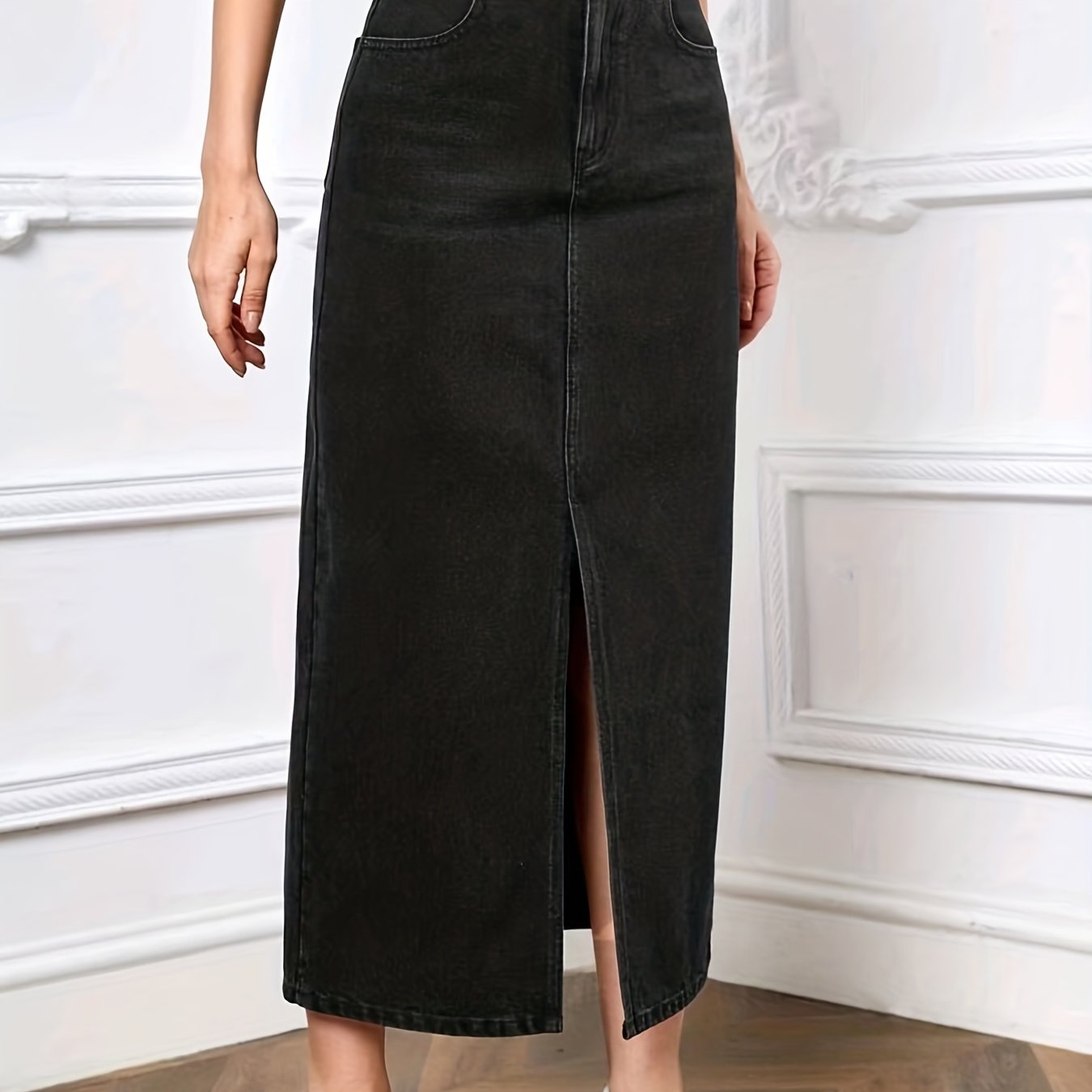 Black Slant Pockets Denim Midi Skirt, Non-Stretch Split Casual Denim Skirt, Women's Denim Clothing