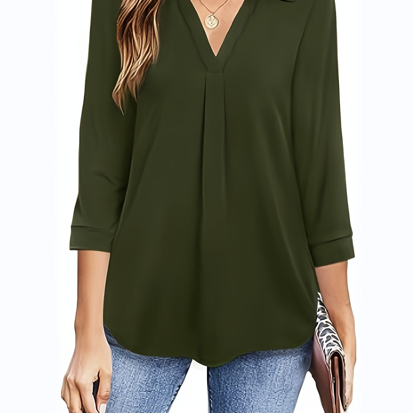 gbolsos Plus Size Casual Blouse, Women's Plus Solid Half Sleeve Turn Down Collar Tunic Top