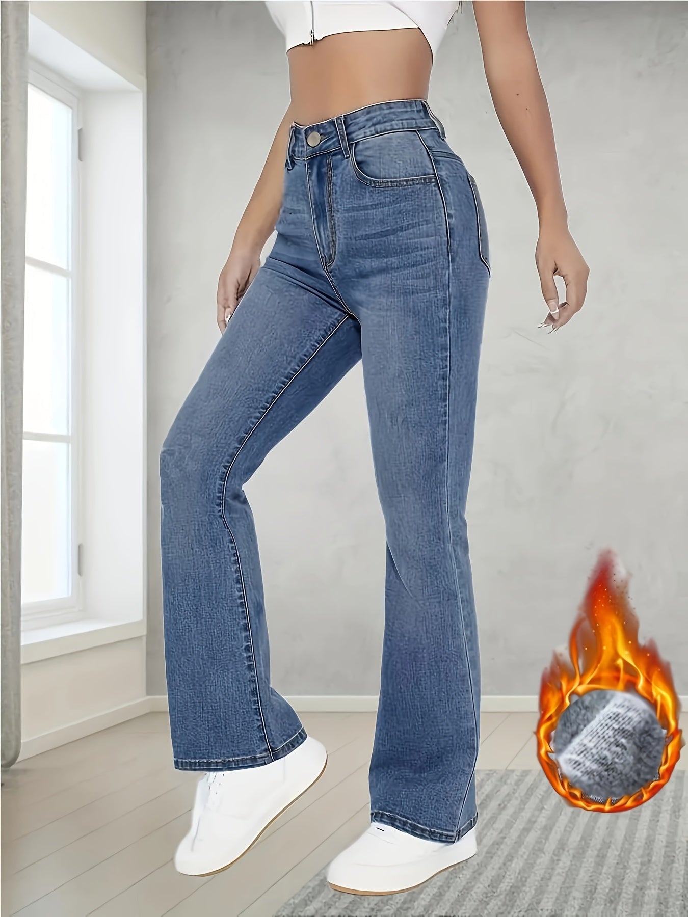 High Waist Warm Straight Jeans, Stylist Stretchy Elegant Winter Fleece Denim Pants, Women's Denim Jeans & Clothing