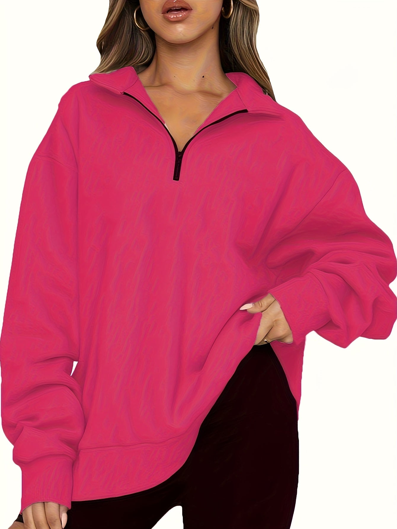 Quarter Zip Lapel Neck Sweatshirt, Casual Sporty Long Sleeve Sweatshirt For Fall & Winter, Women's Clothing