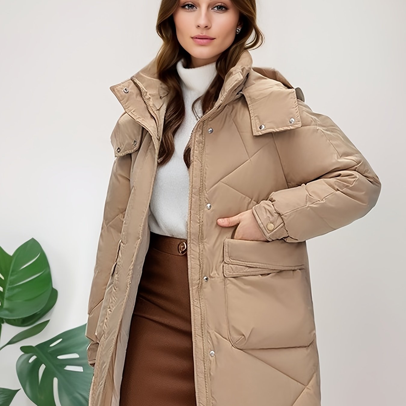 Button Front Warm Hooded Coat, Casual Long Length Winter Outerwear, Women's Clothing
