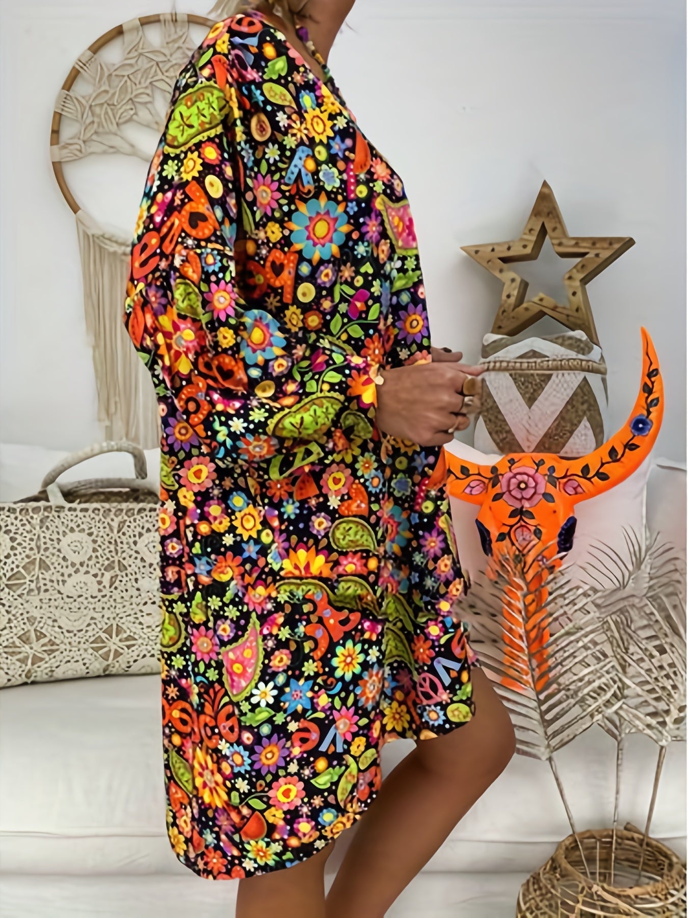 Floral Print V Neck Dress, Casual Long Sleeve Dress For Spring & Fall, Women's Clothing