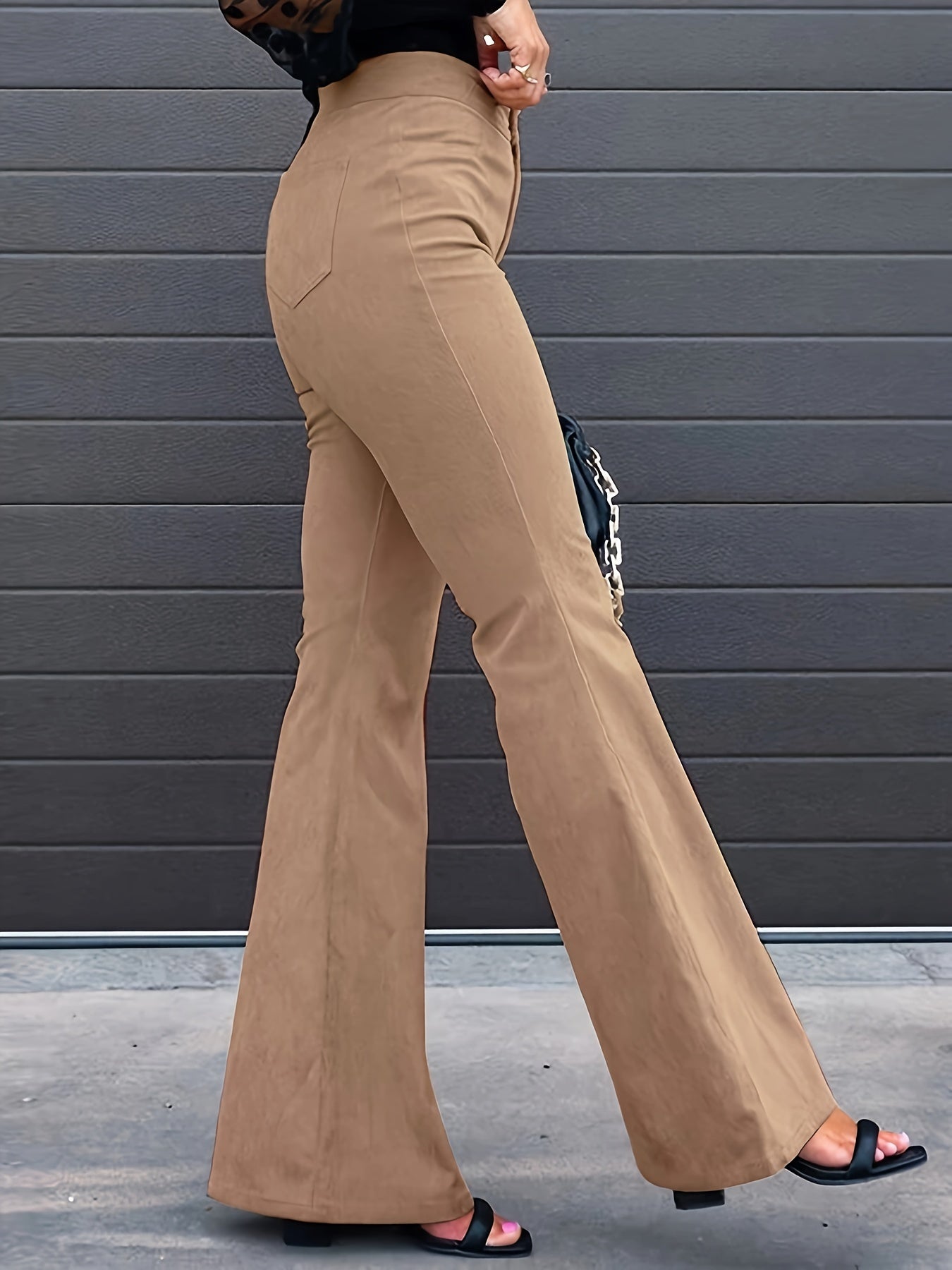gbolsos Solid Color Corduroy Flare Leg Pants, Elegant Forbidden Pocket Pants For Spring & Fall, Women's Clothing