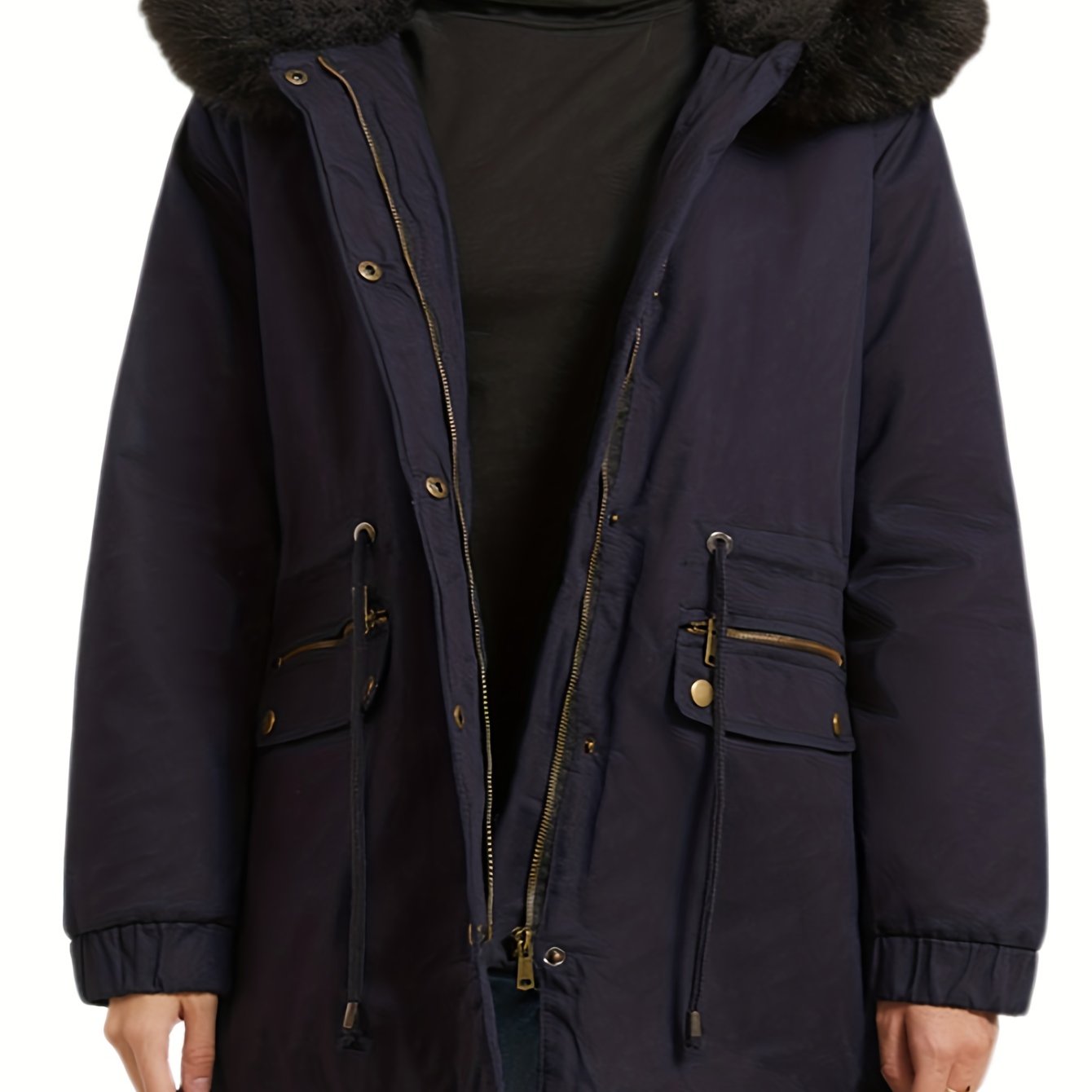 gbolsos Fluffy Trim Zip Up Jacket, Casual Long Sleeve Drawstring Winter Warm Outerwear, Women's Clothing