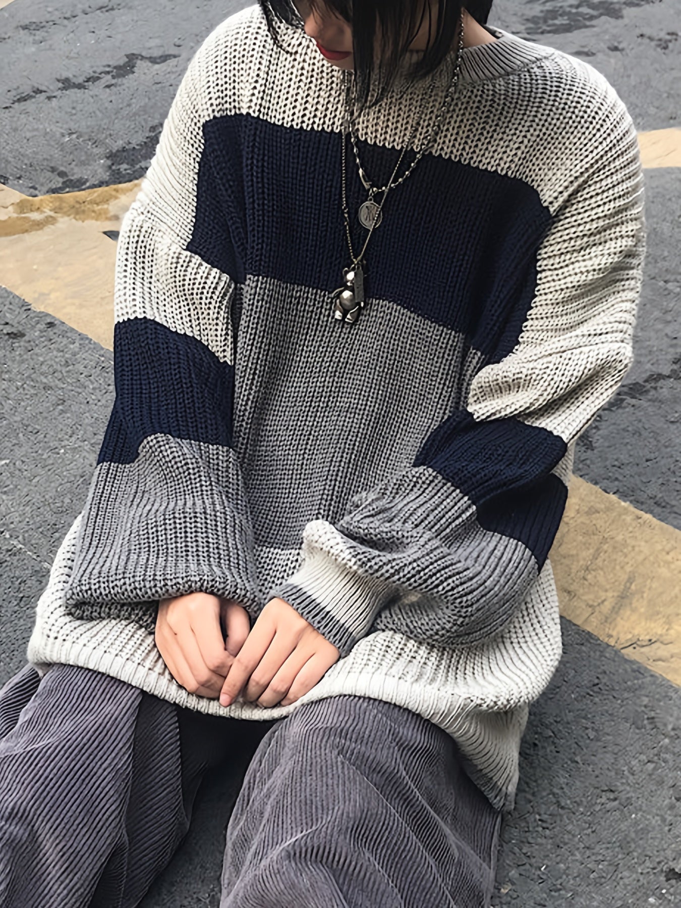 gbolsos Color Block Crew Neck Pullover Sweater, Vintage Long Sleeve Oversized Slouchy Sweater, Women's Clothing