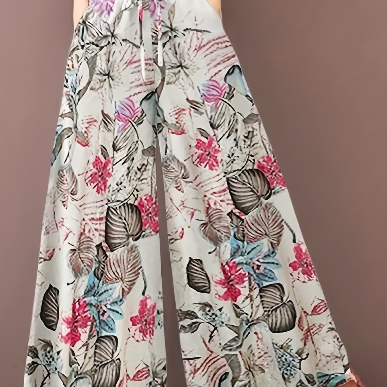Plus Size Casual Pants, Women's Plus Floral Print Wide Leg Loose Drawstring Pants With Pockets