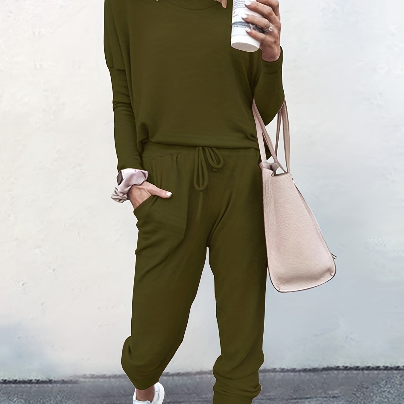 gbolsos Casual Solid Two-piece Set, Long Sleeve T-shirt & Drawstring Pants Outfits, Women's Clothing