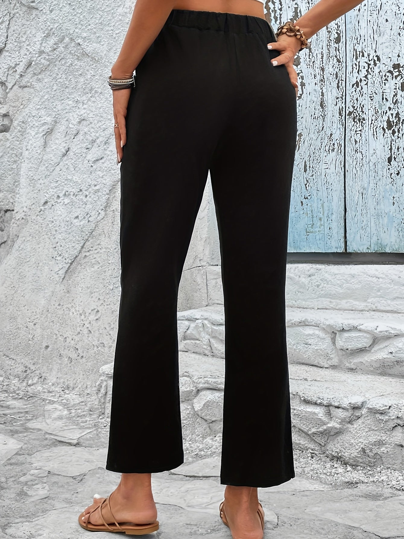 gbolsos Solid Elastic Waist Belted Pants, Casual Loose Pants For Spring & Summer, Women's Clothing