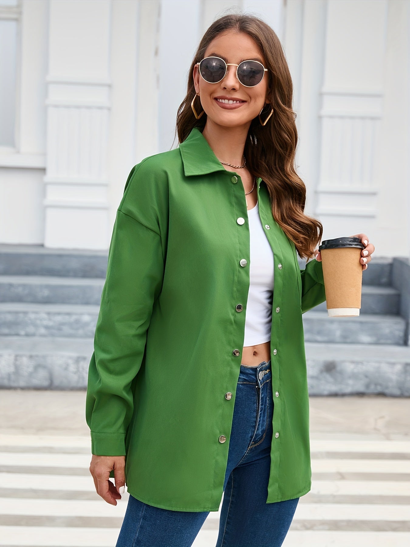 gbolsos Solid Pocket Polo Collar Shirt, Casual Long Sleeve Shirt For Spring & Fall, Women's Clothing