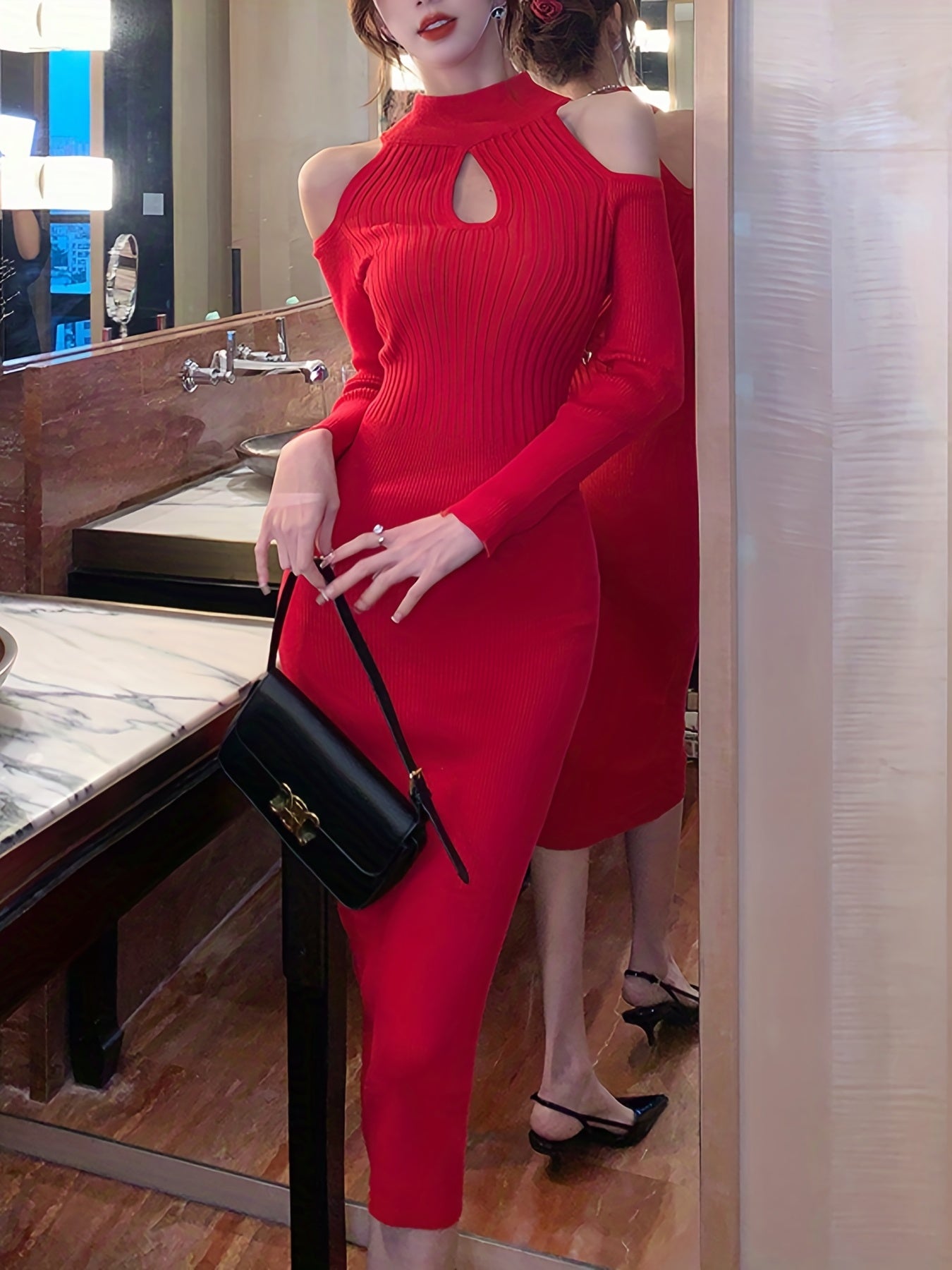 gbolsos Cold Shoulder Keyhole Dress, Elegant Solid Long Sleeve Midi Dress, Women's Clothing
