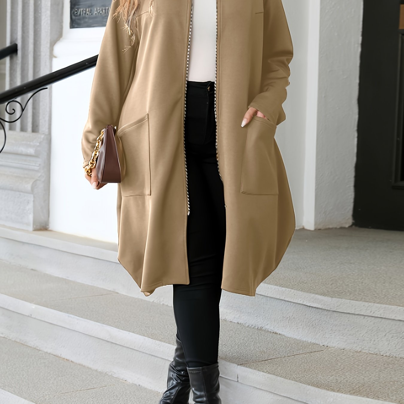 Plus Size Casual Coat, Women's Plus Solid Zipper Long Sleeve Slight Stretch Hooded Oversized Coat With Pockets