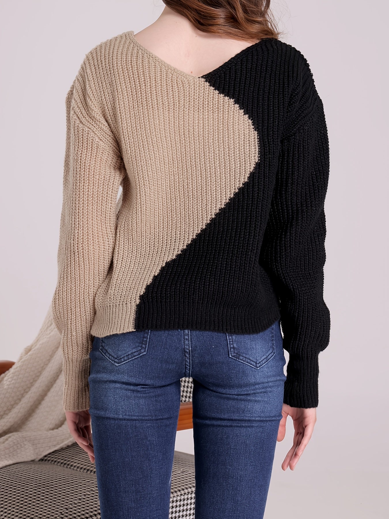 gbolsos Color Block Drop Shoulder Sweater, Casual V-neck Long Sleeve Sweater, Women's Clothing