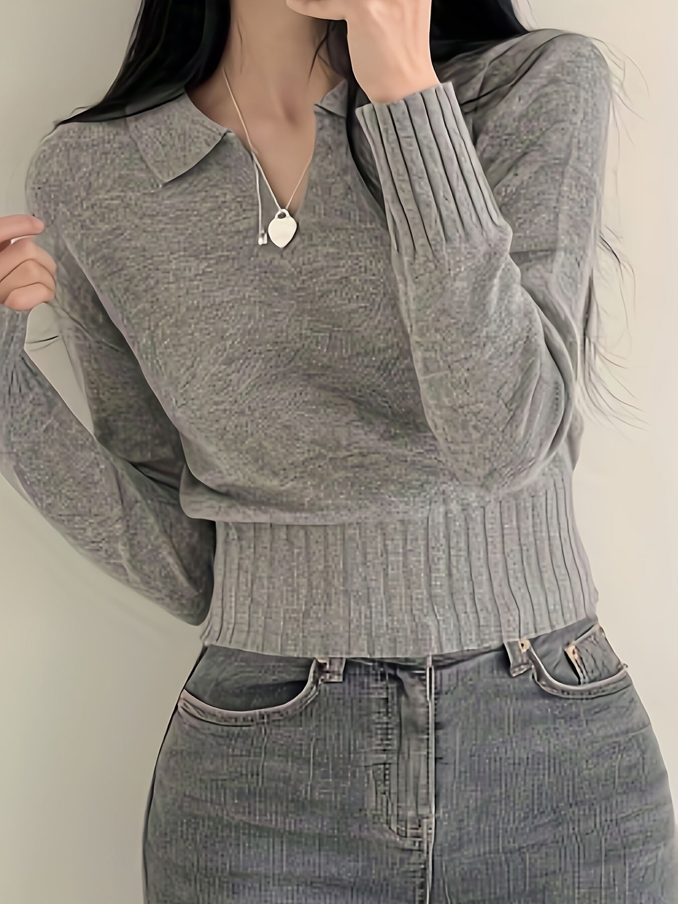 gbolsos Solid Notched Collar Pullover Sweater, Casual Long Sleeve Crop Sweater For Spring & Fall, Women's Clothing