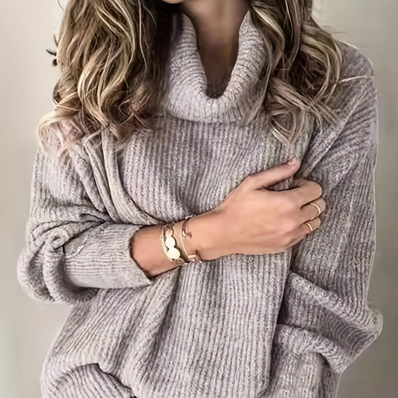 gbolsos Plus Size Casual Sweater, Women's Plus Solid Ribbed Turtle Neck Long Sleeve Medium Stretch Sweater