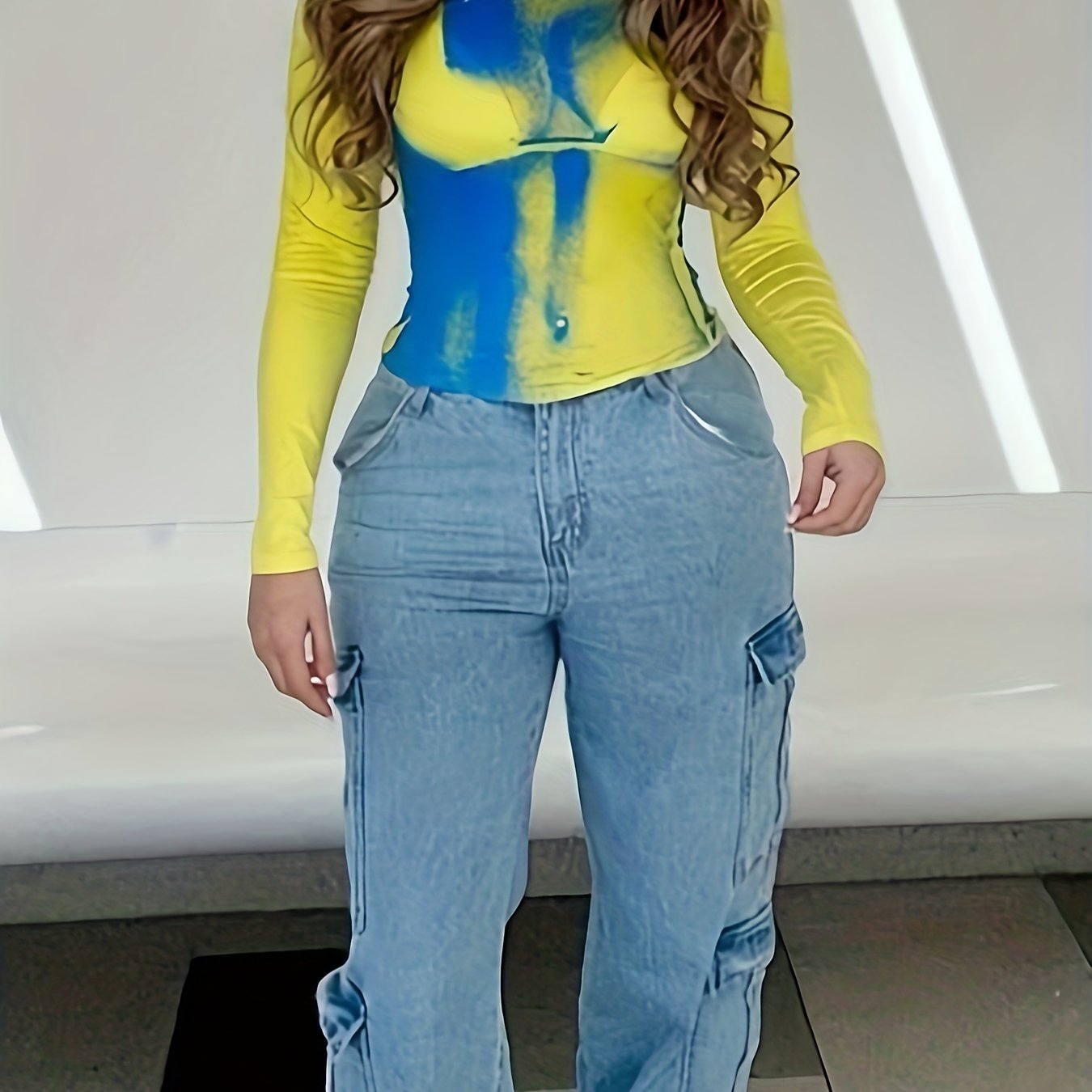 kkboxly Cyber Punk Body Print Crew Neck T-shirt, Y2K Long Sleeve T-shirt For Spring & Fall, Women's Clothing