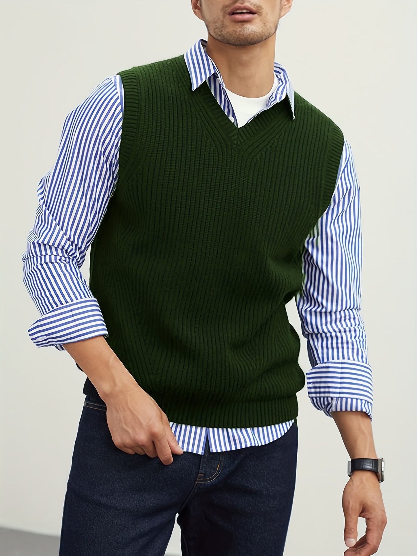 gbolsos Men's V Neck Sweater Vest, Pullover Solid Color Sleeveless Sweaters Vest, Preppy Style