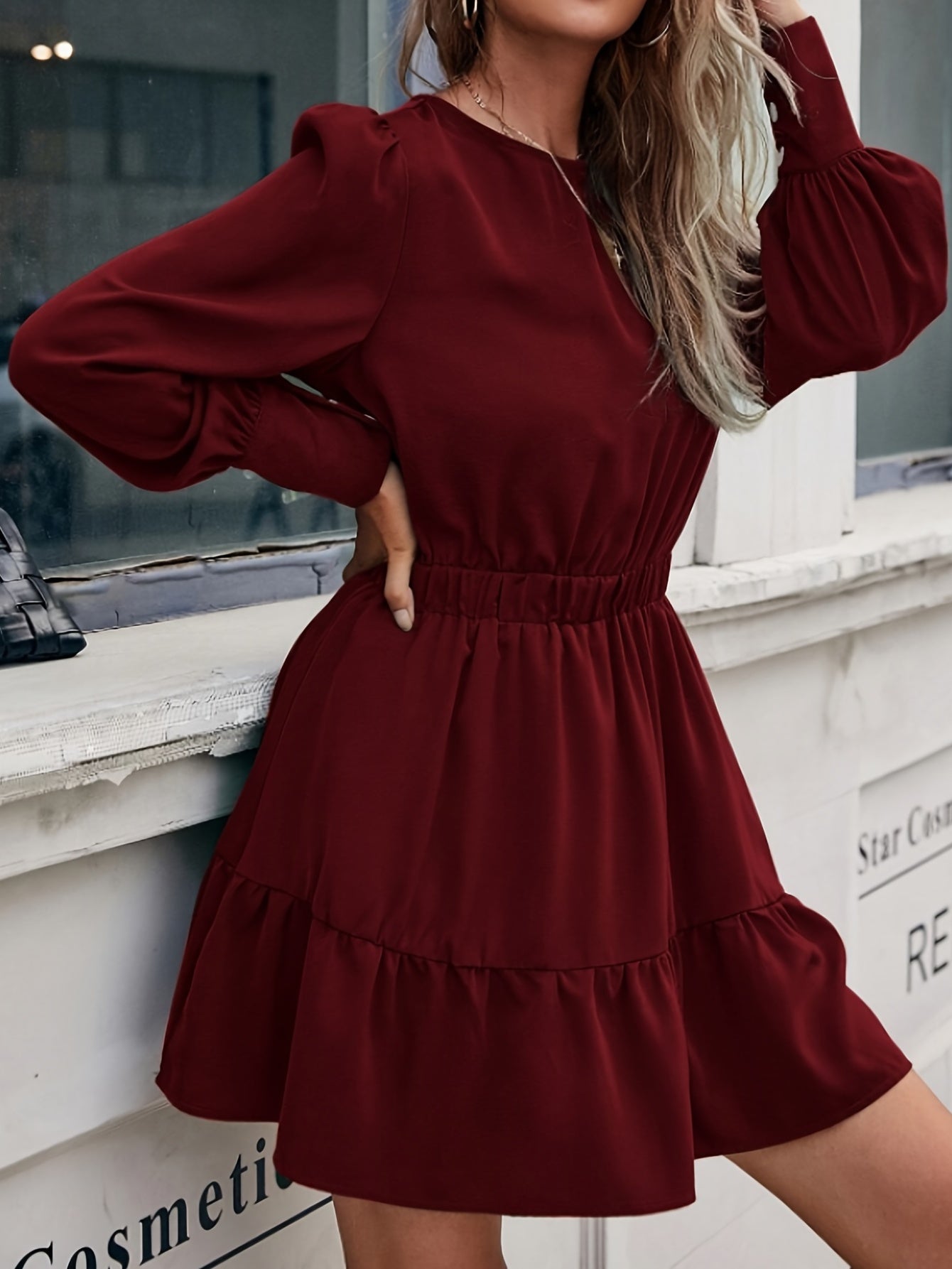 gbolsos Ruffle Hem Solid Dress, Elegant Keyhole Crew Neck Long Sleeve Dress, Women's Clothing