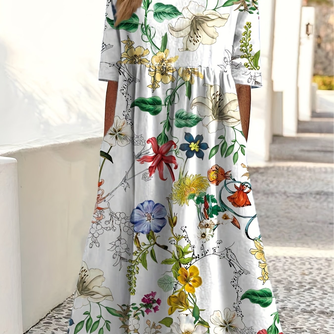 Floral Print Round Neck Dress, Casual Pocket Short Sleeve Beach High Waist Summer Dresses, Women's Clothing